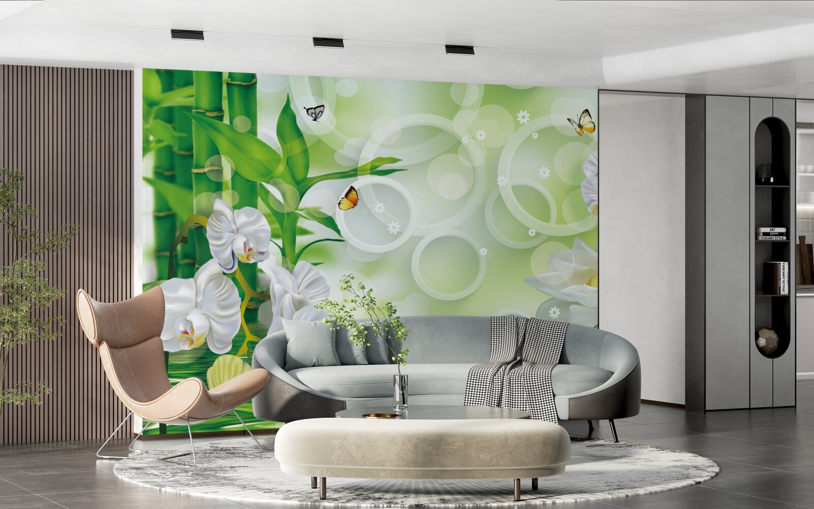 Fotobehang water dat harmonieus samengaat met witte orchideeën en bamboe