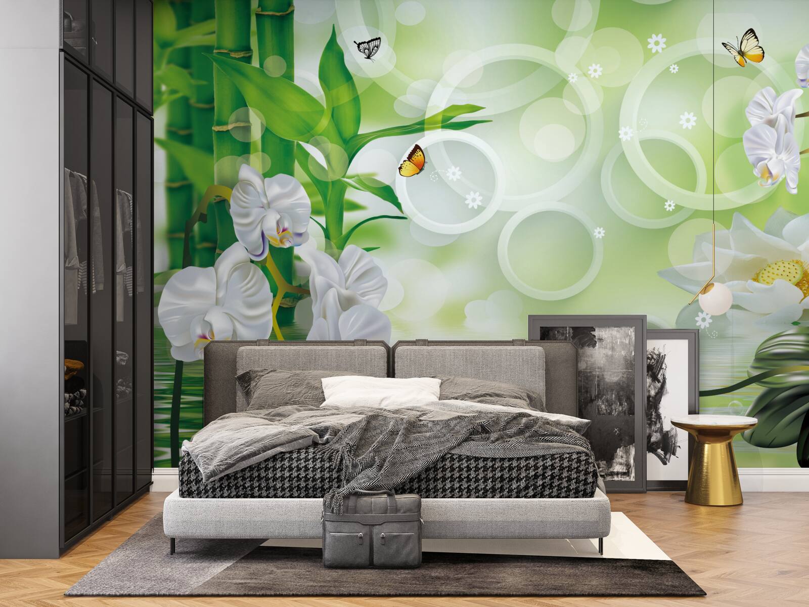 Fotobehang water dat harmonieus samengaat met witte orchideeën en bamboe