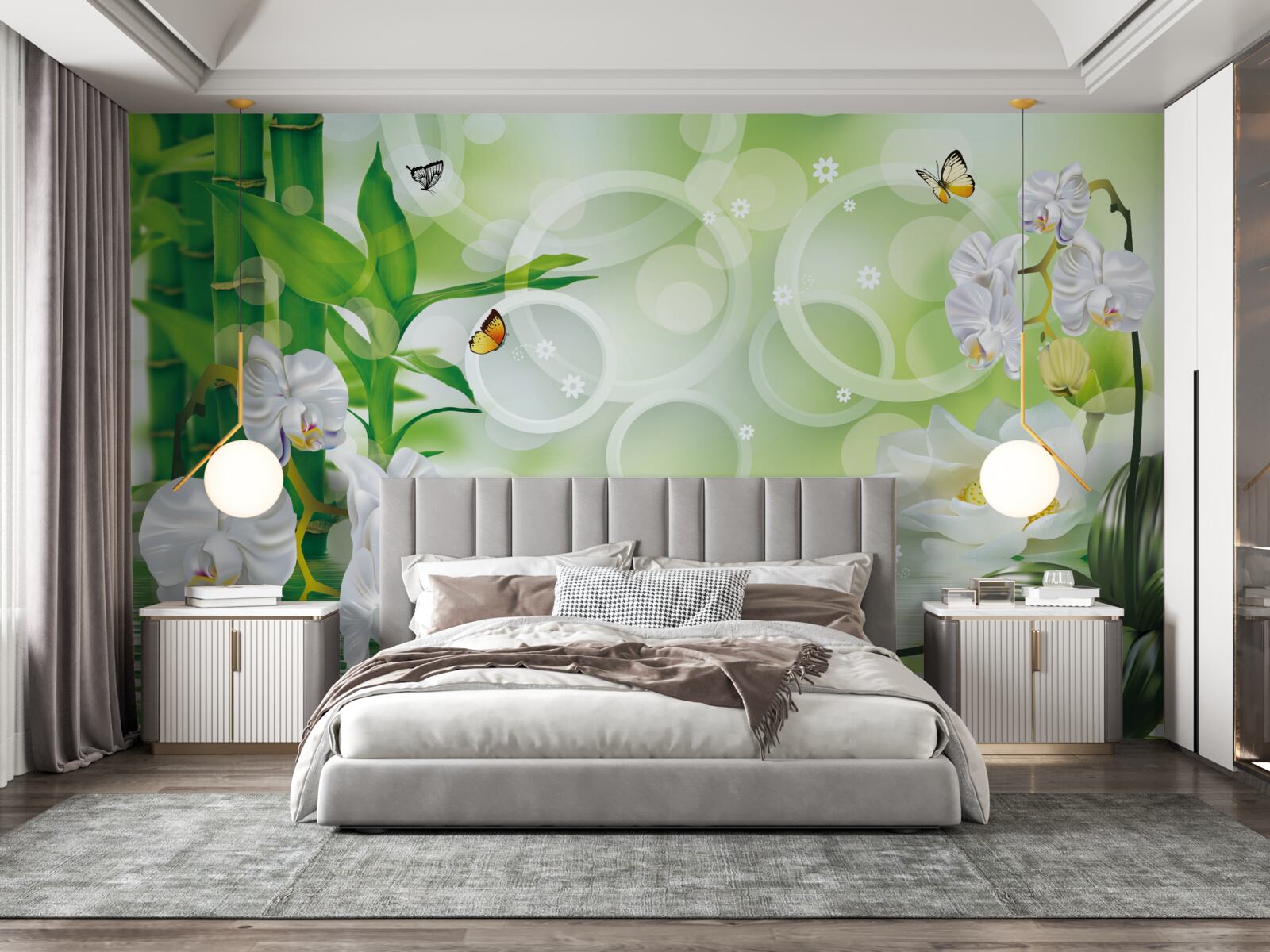 Fotobehang water dat harmonieus samengaat met witte orchideeën en bamboe