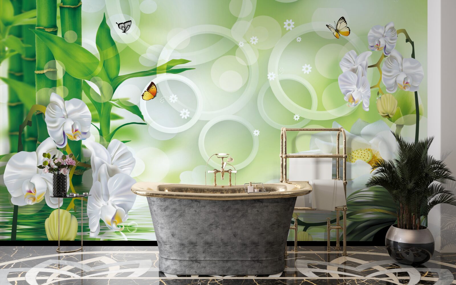 Fotobehang water dat harmonieus samengaat met witte orchideeën en bamboe