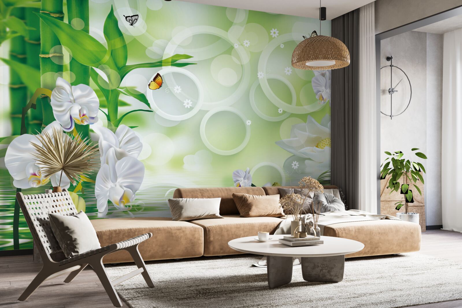 Fotobehang water dat harmonieus samengaat met witte orchideeën en bamboe