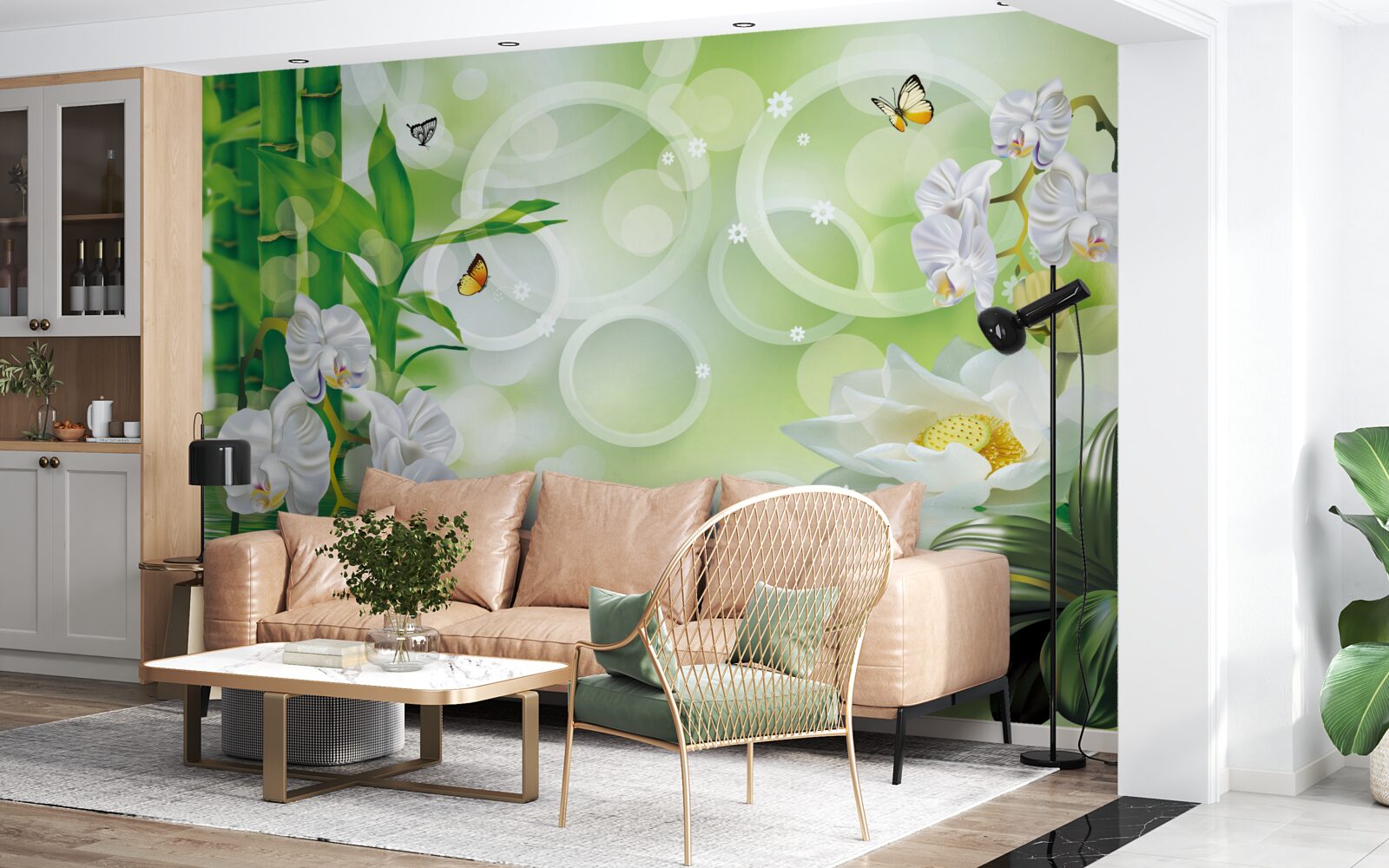 Fotobehang groene bamboe en bloemen worden weerspiegeld in het water, omringd door witte cirkels