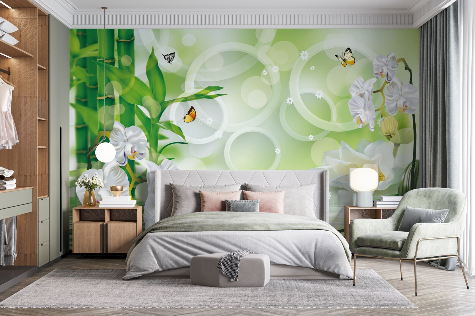 Fotobehang groene bamboe en bloemen worden weerspiegeld in het water, omringd door witte cirkels