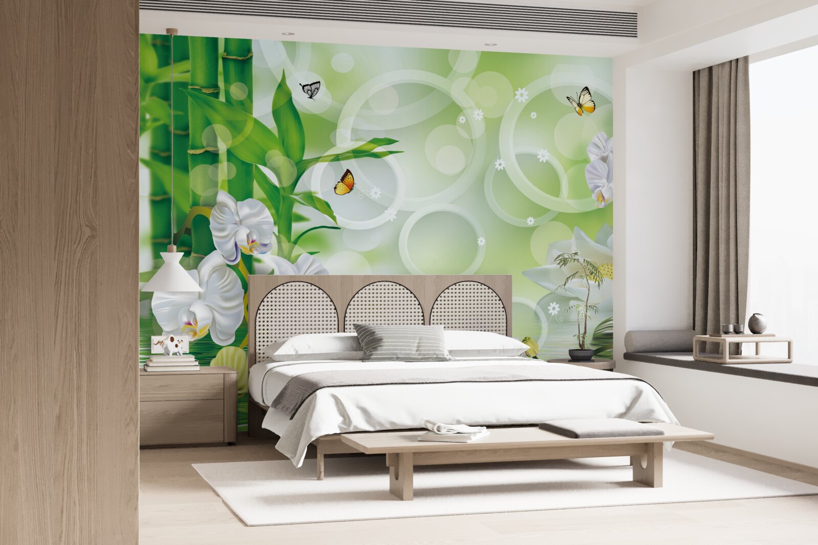 Fotobehang groene bamboe en bloemen worden weerspiegeld in het water, omringd door witte cirkels