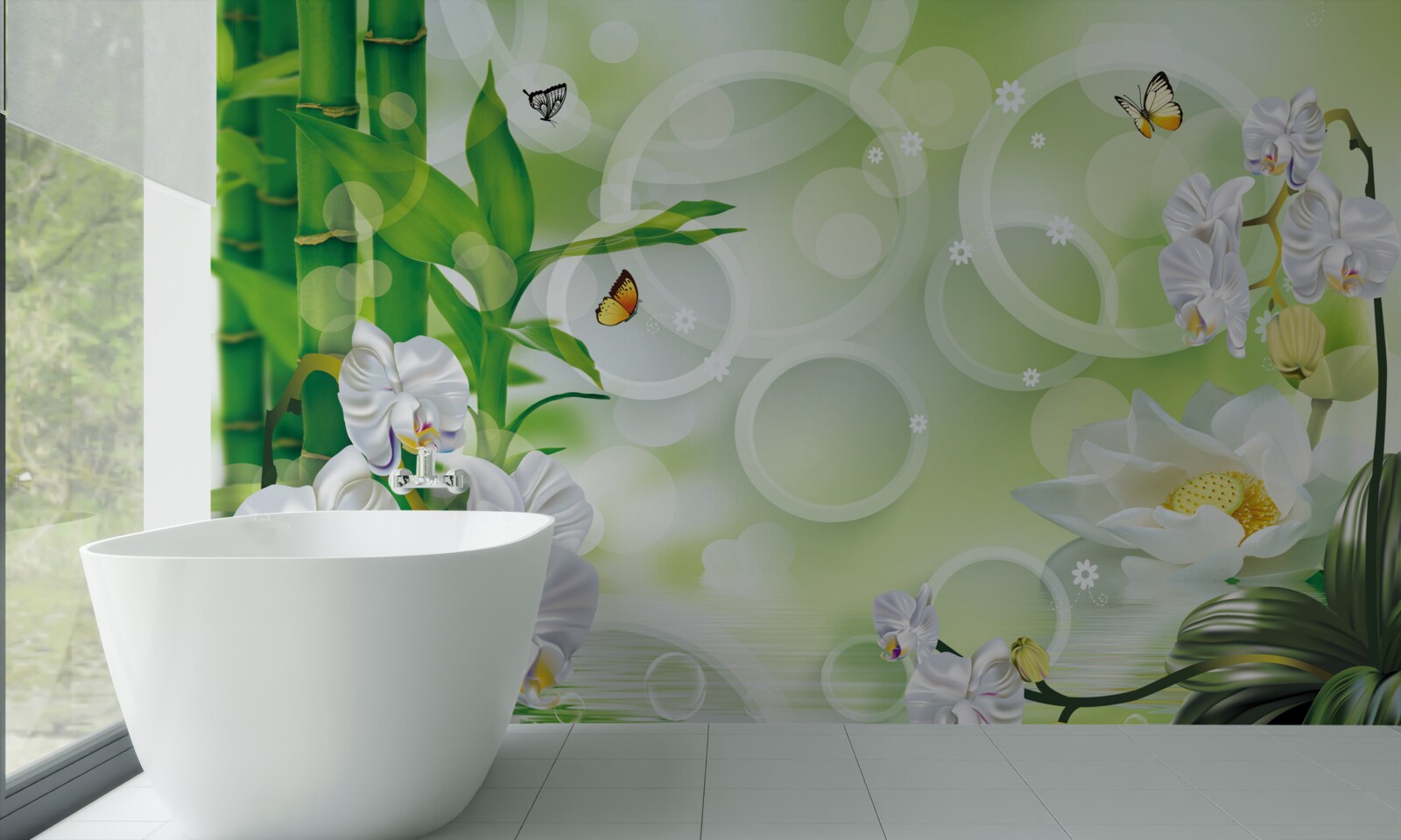 Fotobehang groene bamboe en bloemen worden weerspiegeld in het water, omringd door witte cirkels