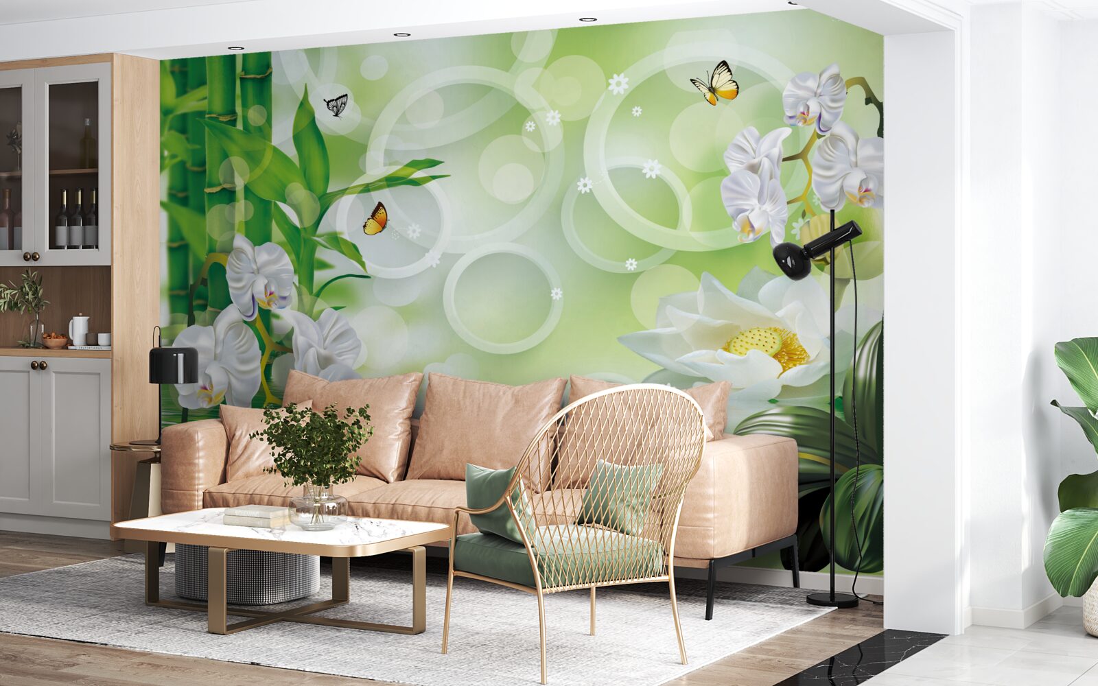 Fotobehang groene bamboe en bloemen worden weerspiegeld in het water, omringd door witte cirkels