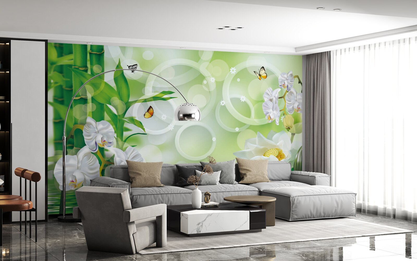 Fotobehang groene bamboe en bloemen worden weerspiegeld in het water, omringd door witte cirkels