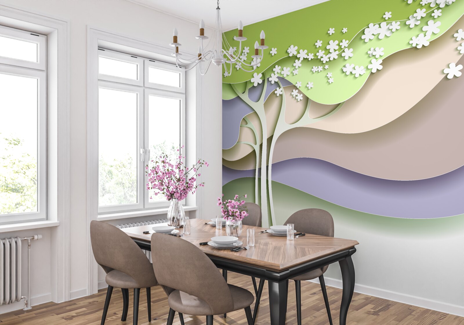 Fotobehang abstractie van een bloeiende boom met bladeren