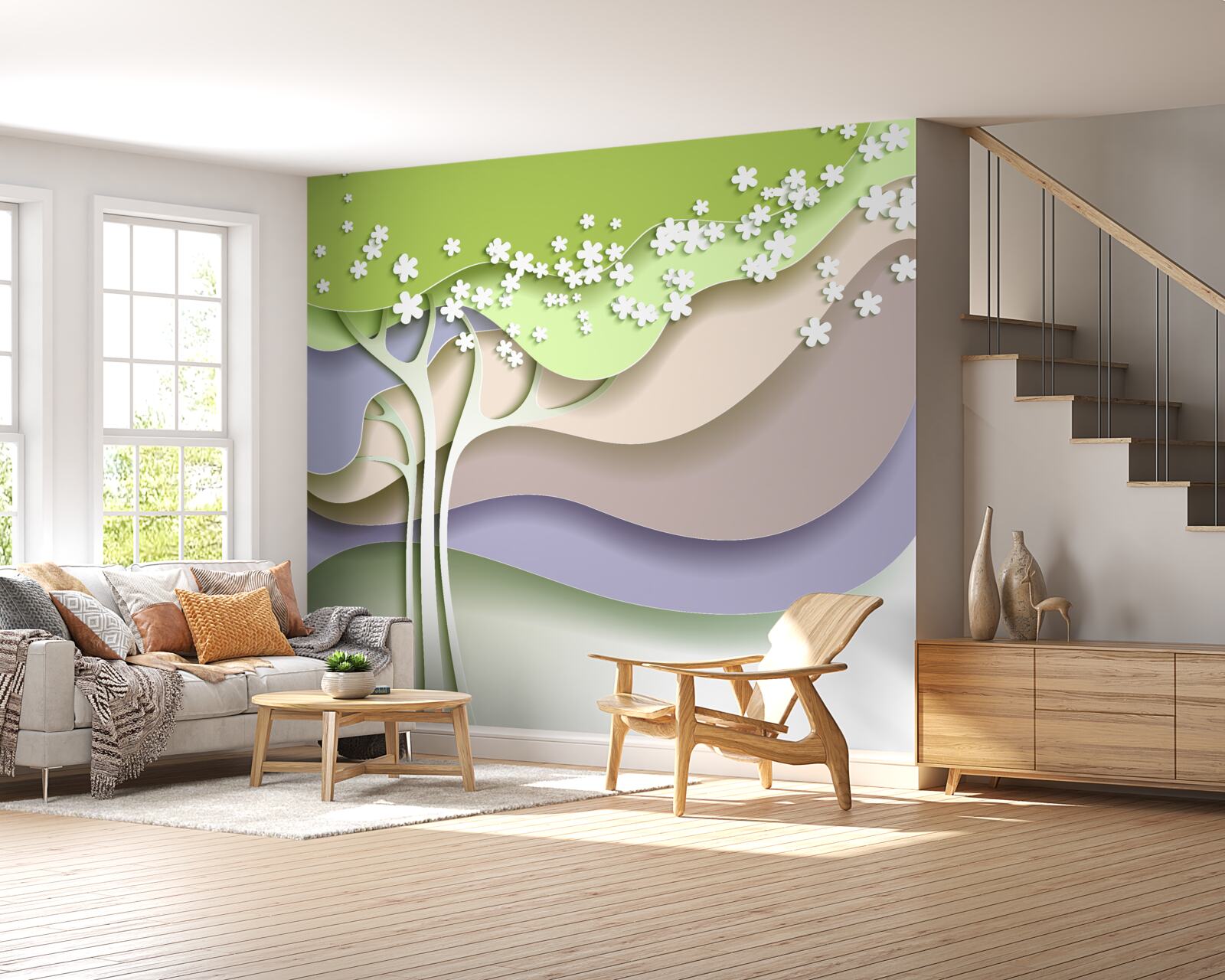 Fotobehang abstractie van een bloeiende boom met bladeren