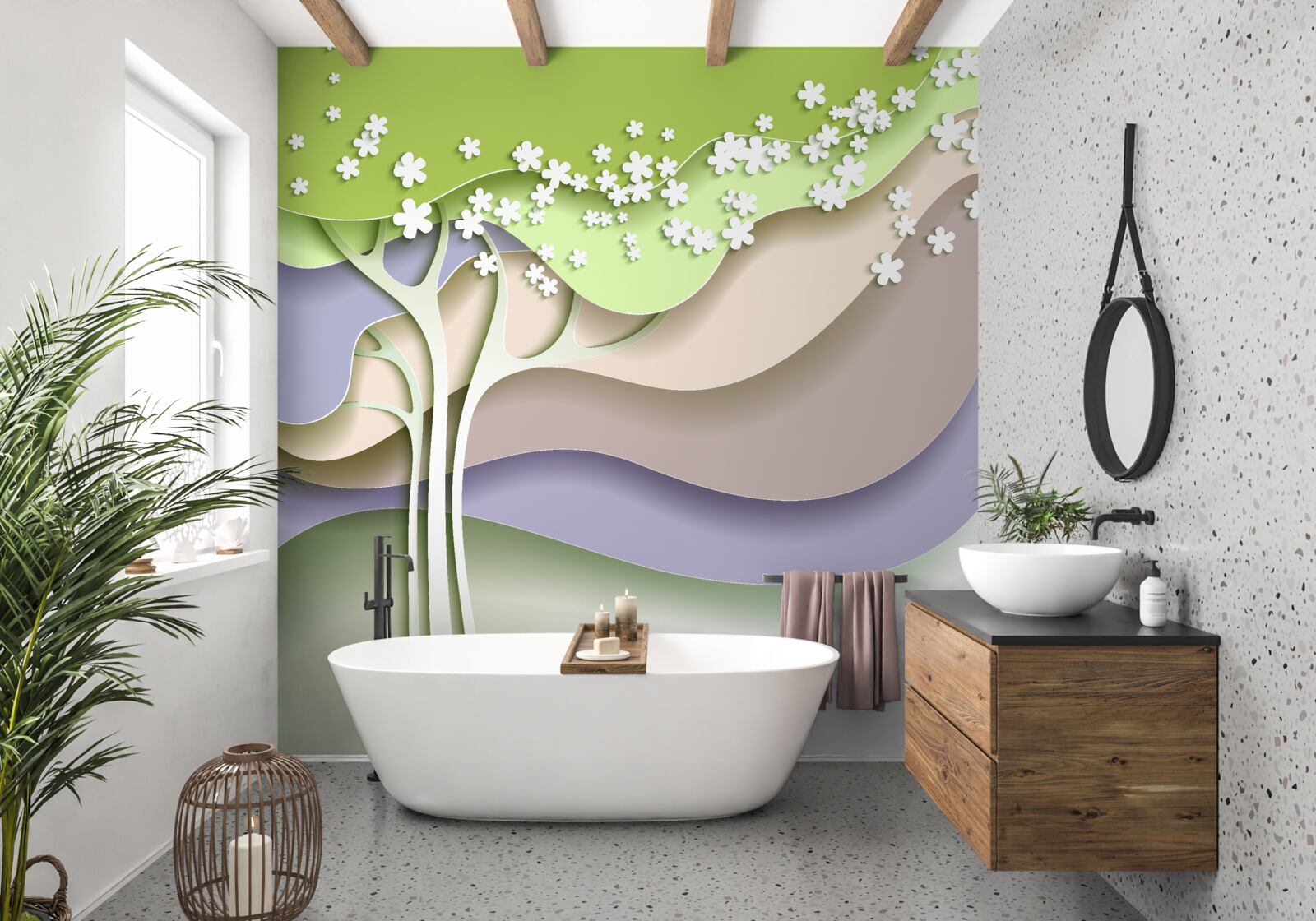 Fotobehang abstractie van een bloeiende boom met bladeren