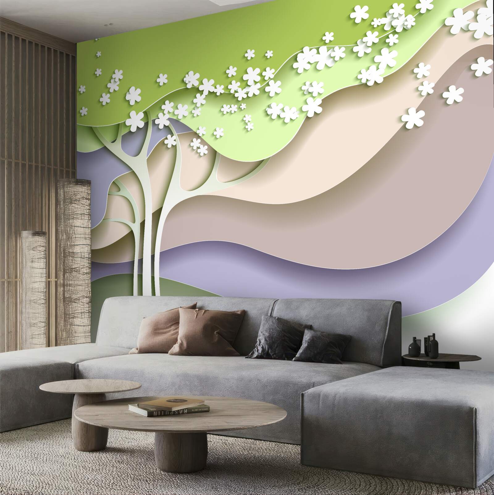 Fotobehang abstractie van een bloeiende boom met bladeren