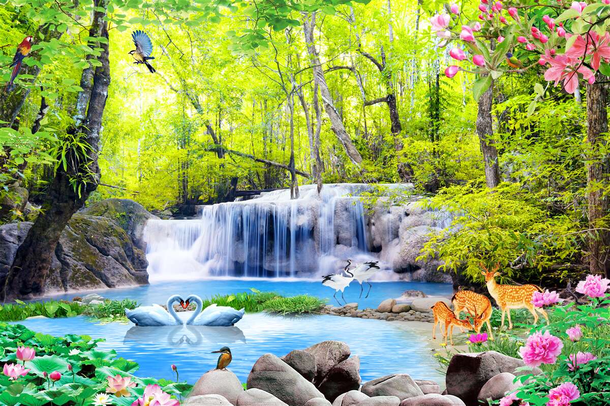 Fotobehang zomerwaterval heeft de magie van de natuur in zich