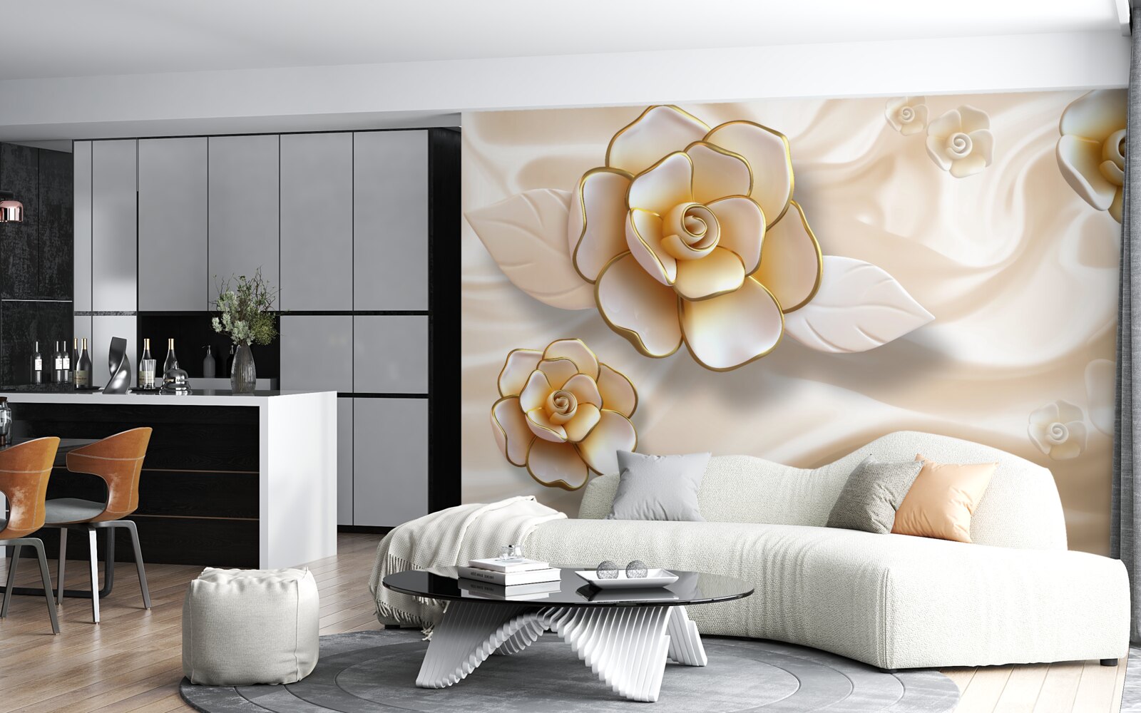 Fotobehang luxe witte rozen met gouden tinten