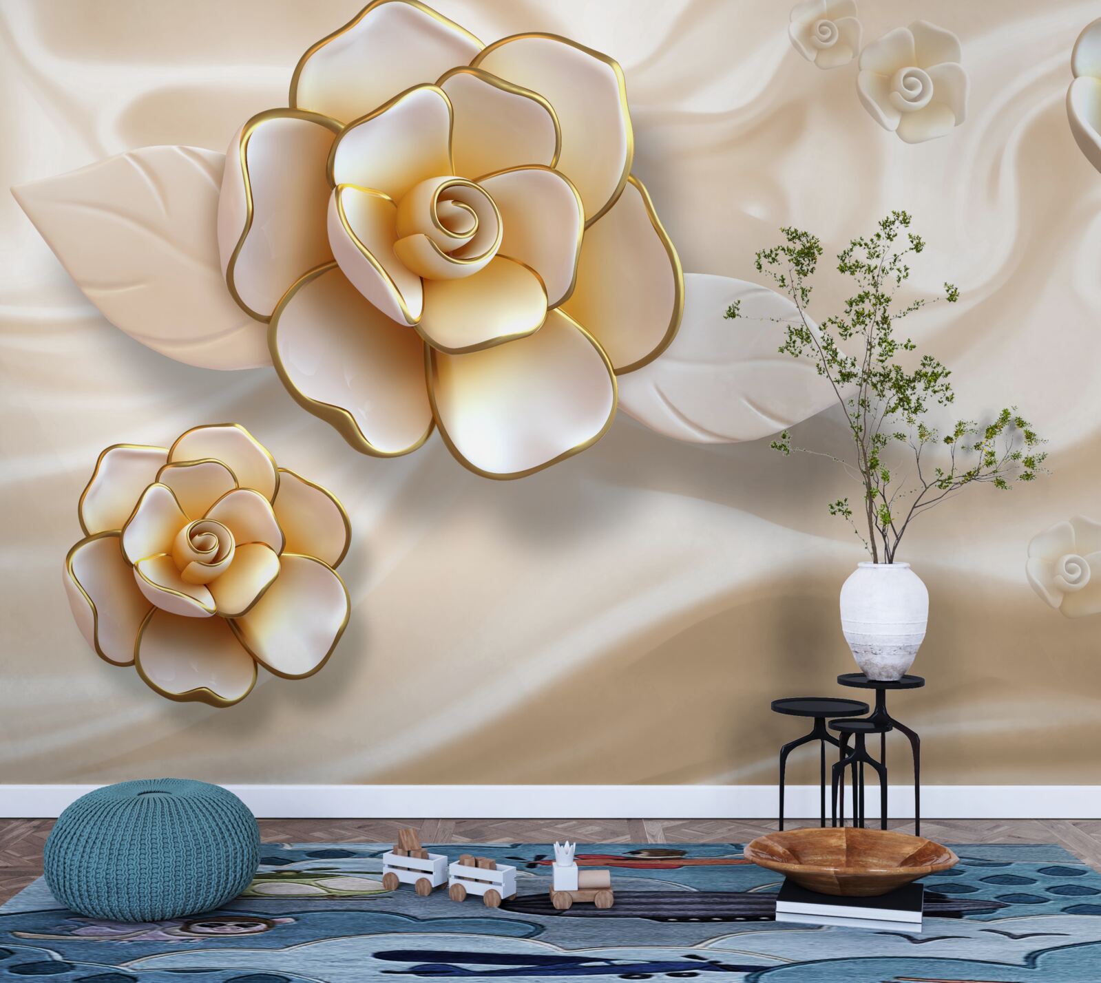 Fotobehang luxe witte rozen met gouden tinten
