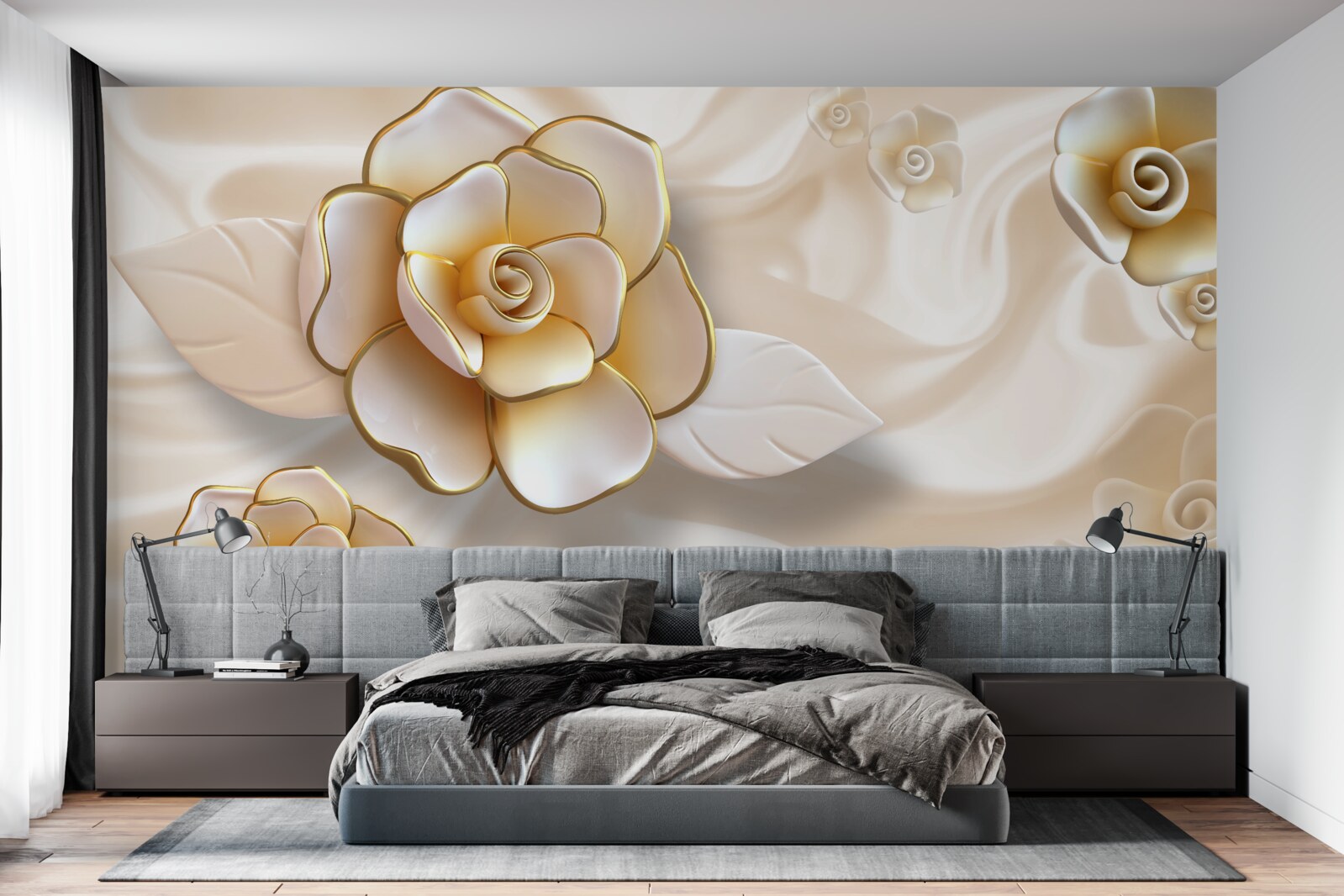 Fotobehang luxe witte rozen met gouden tinten