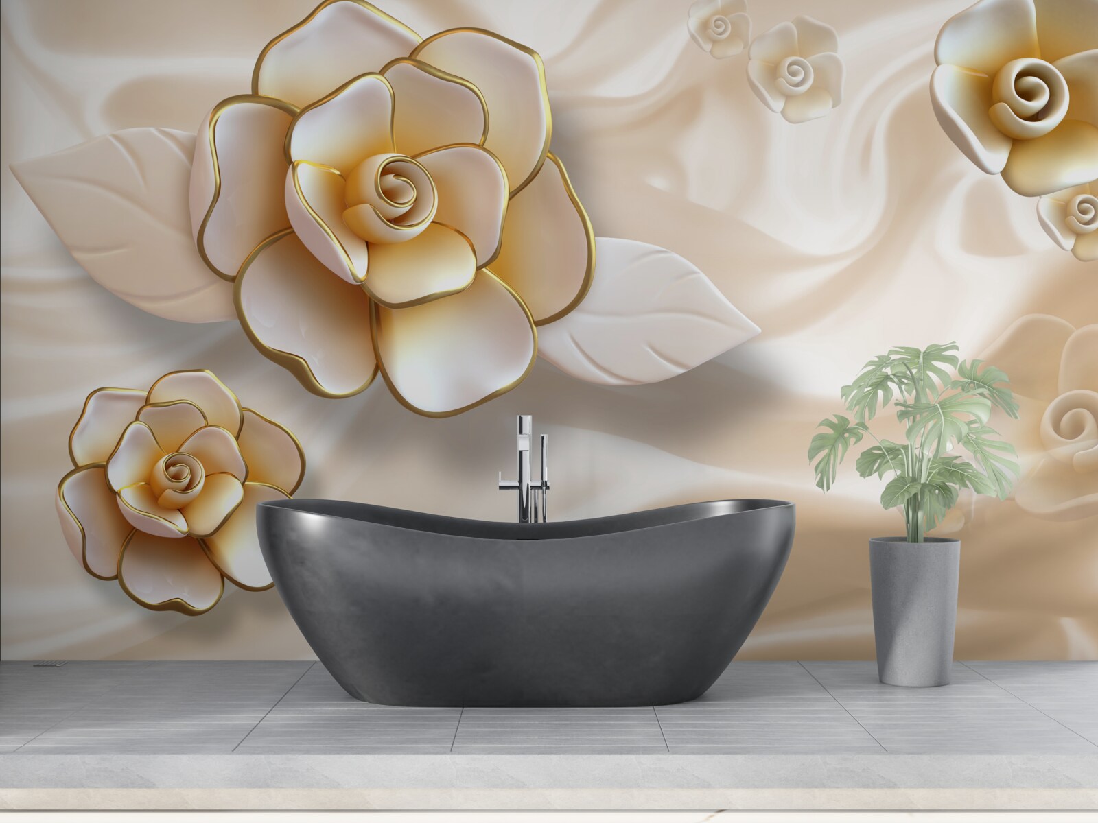 Fotobehang luxe witte rozen met gouden tinten