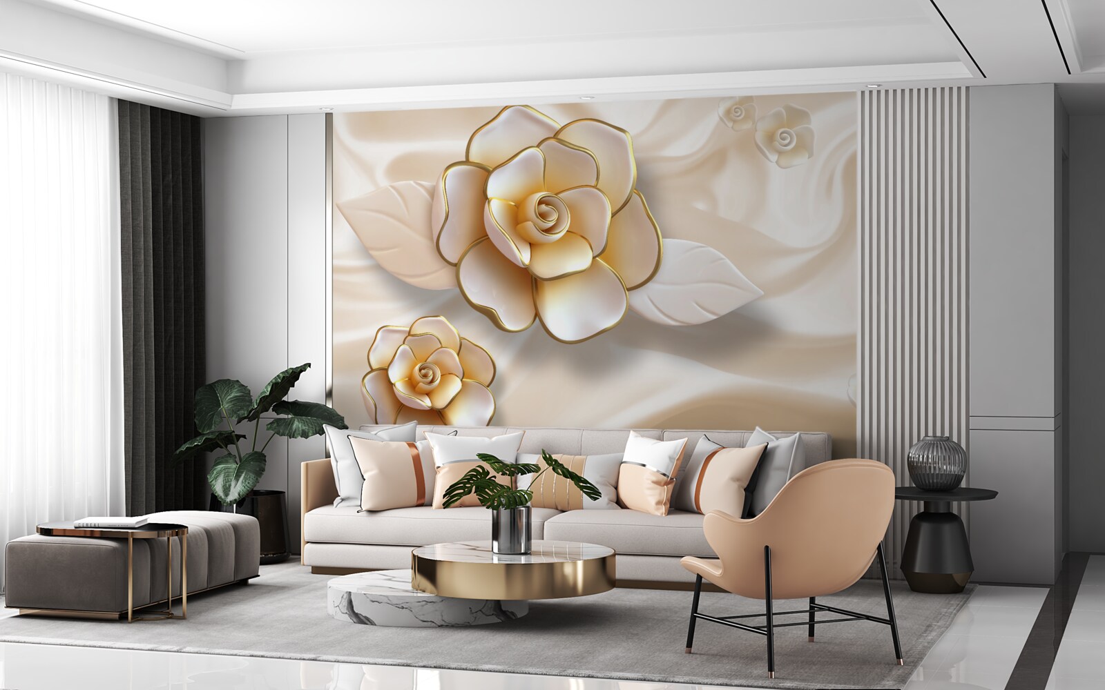 Fotobehang luxe witte rozen met gouden tinten