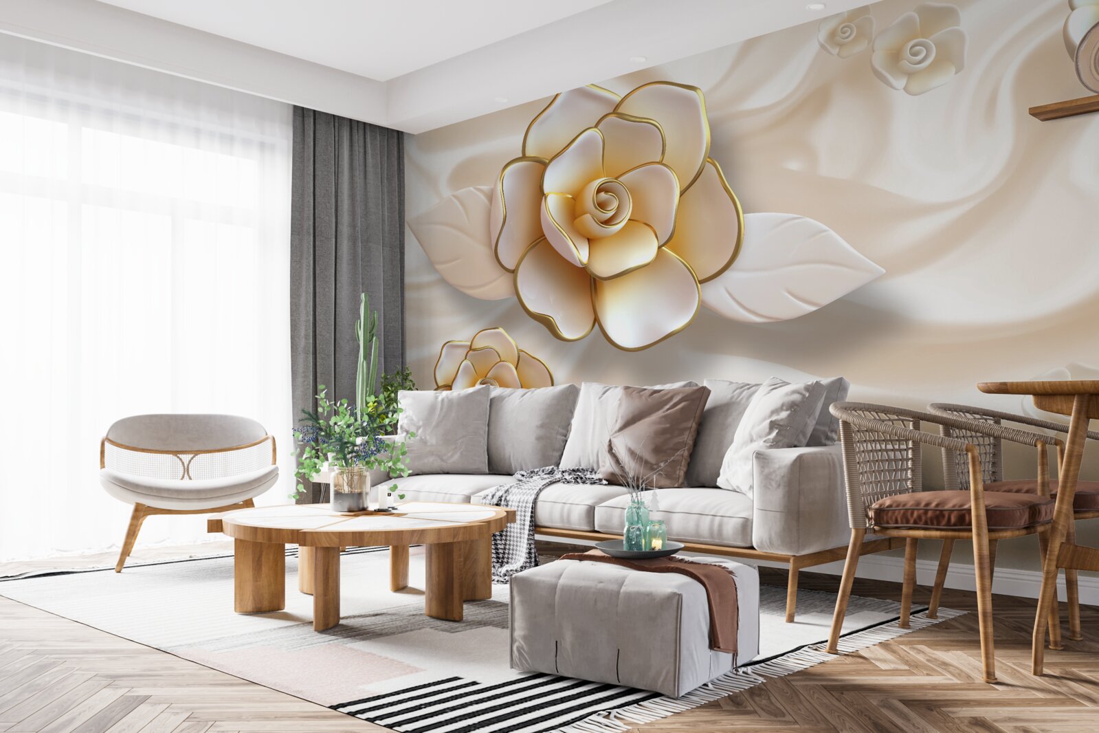 Fotobehang luxe witte rozen met gouden tinten