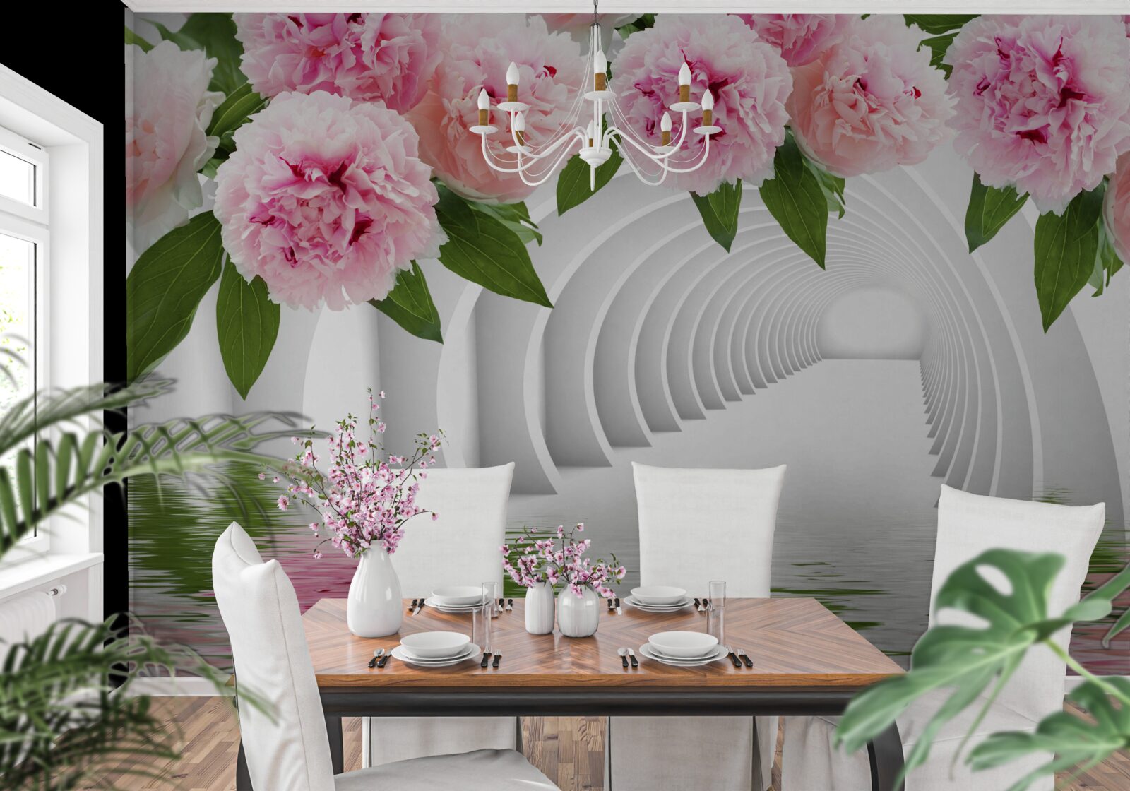 Fotobehang roze pioenrozen boven het wateroppervlak