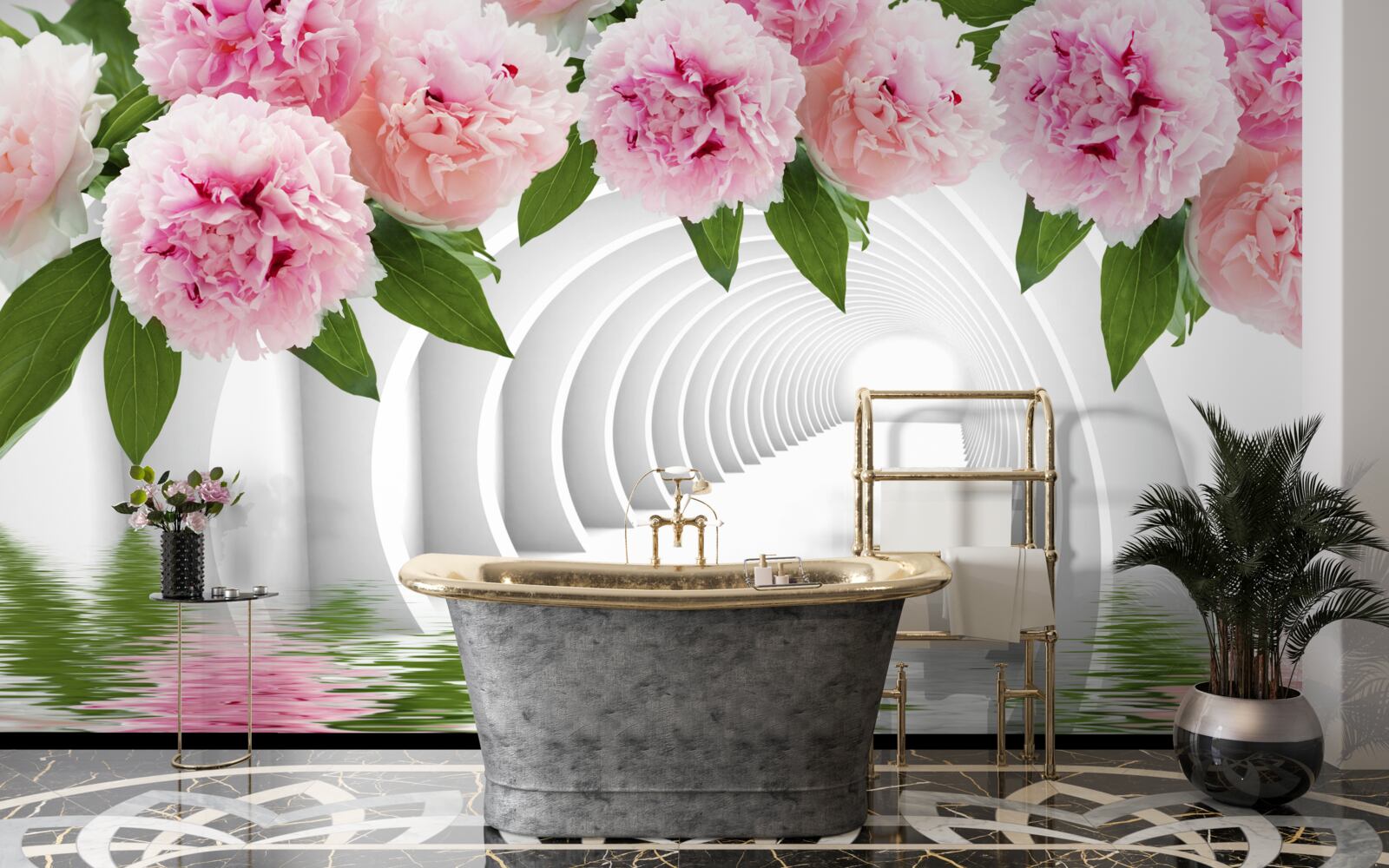 Fotobehang roze pioenrozen boven het wateroppervlak