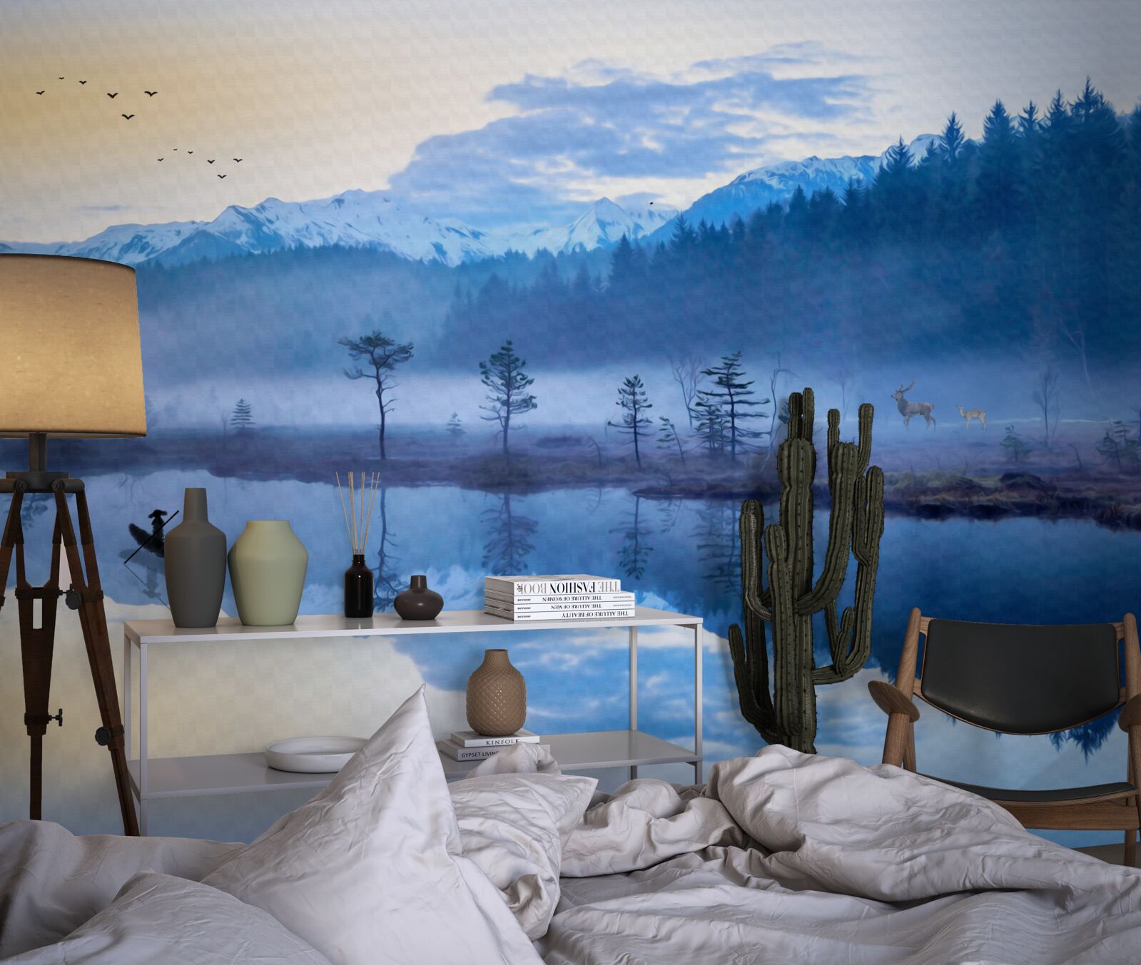 Fotobehang beeld van een sparrenbos in een waterspiegel