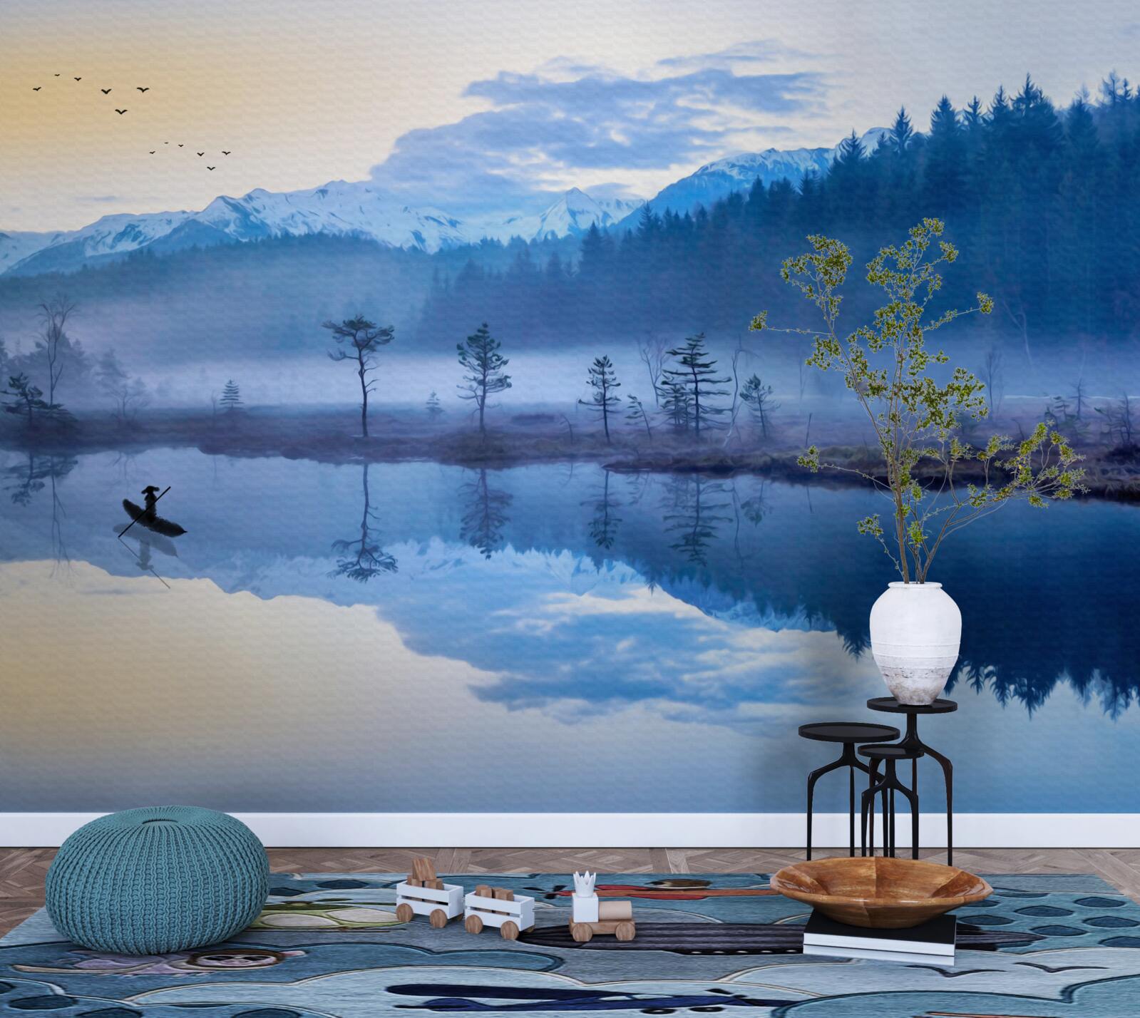 Fotobehang beeld van een sparrenbos in een waterspiegel