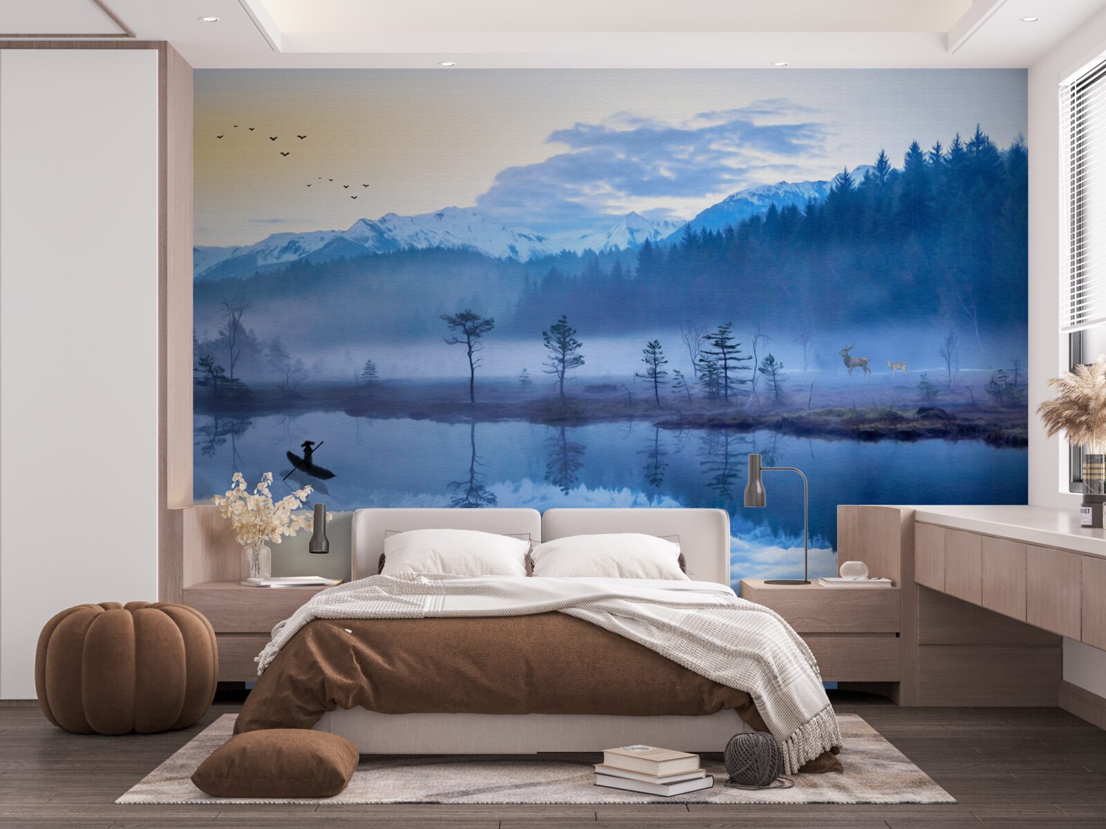 Fotobehang beeld van een sparrenbos in een waterspiegel