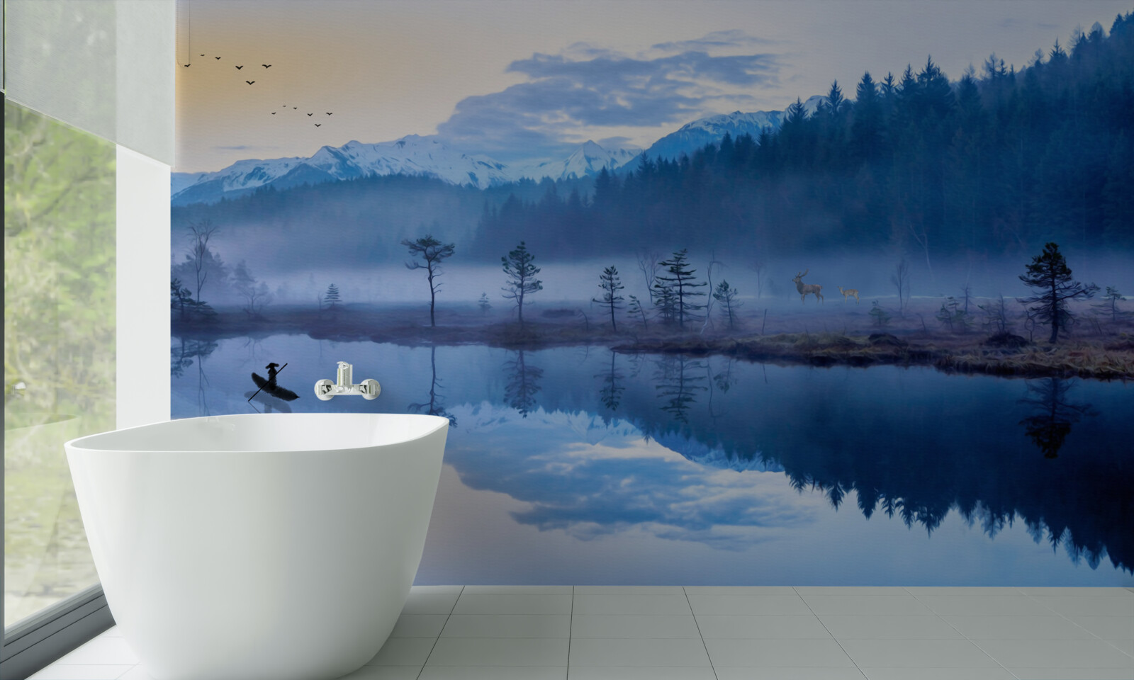 Fotobehang beeld van een sparrenbos in een waterspiegel