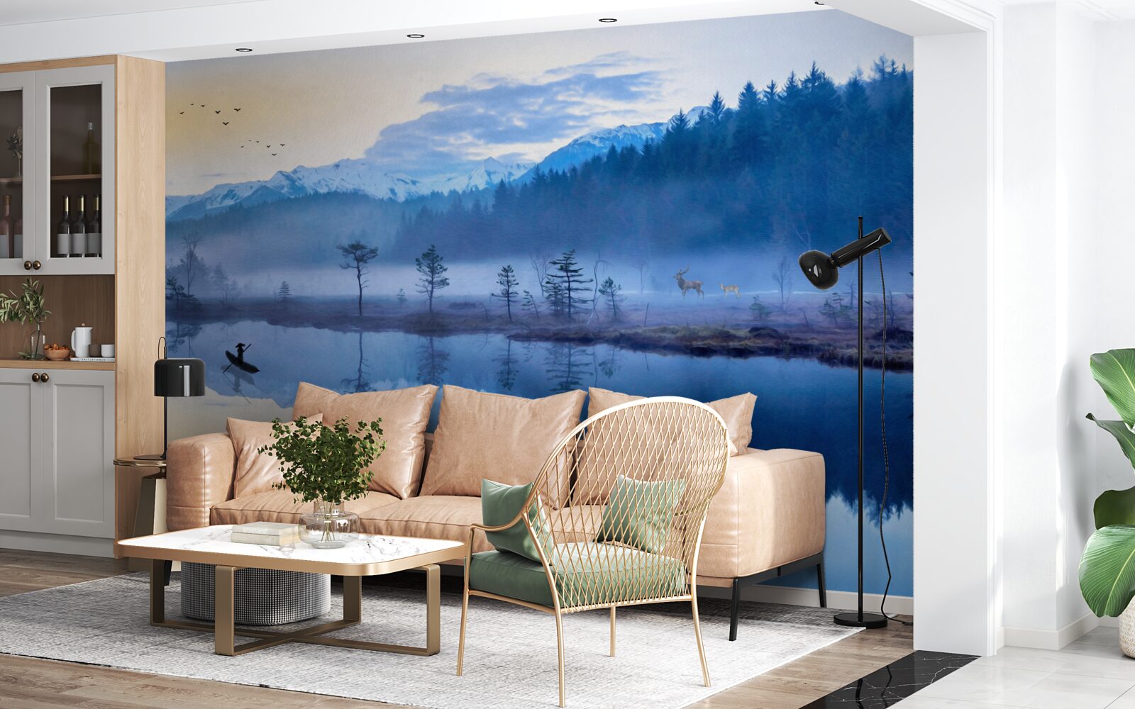 Fotobehang beeld van een sparrenbos in een waterspiegel