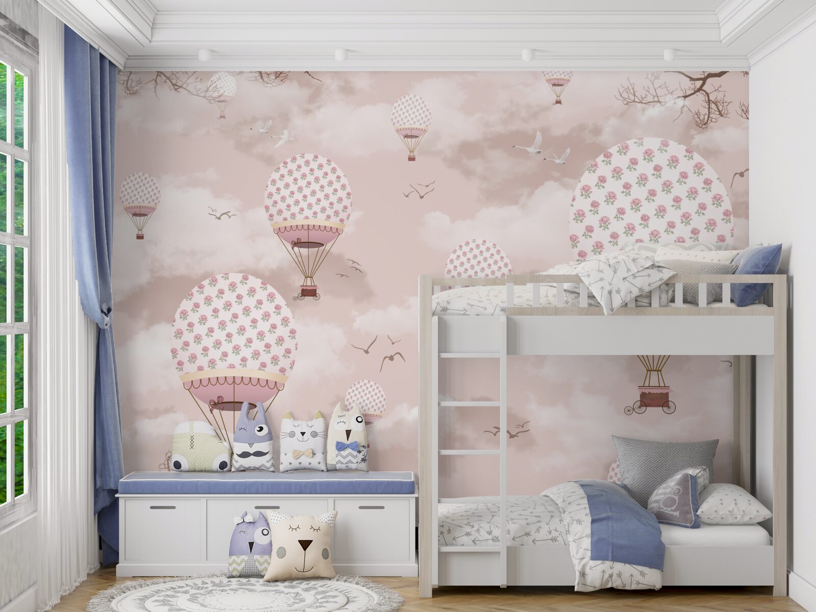 Fotobehang de roze lucht is versierd met ballonnen