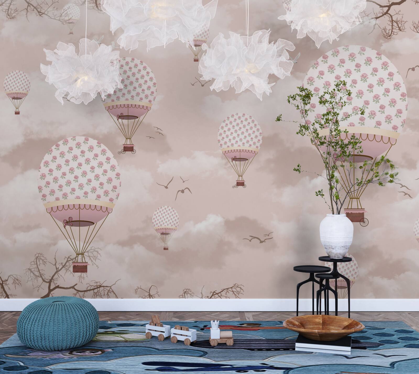 Fotobehang de roze lucht is versierd met ballonnen