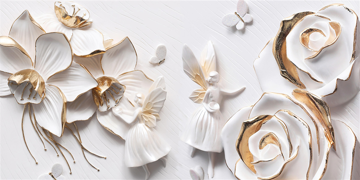 Fotobehang vlinders en goud op een achtergrond van witte bloemen