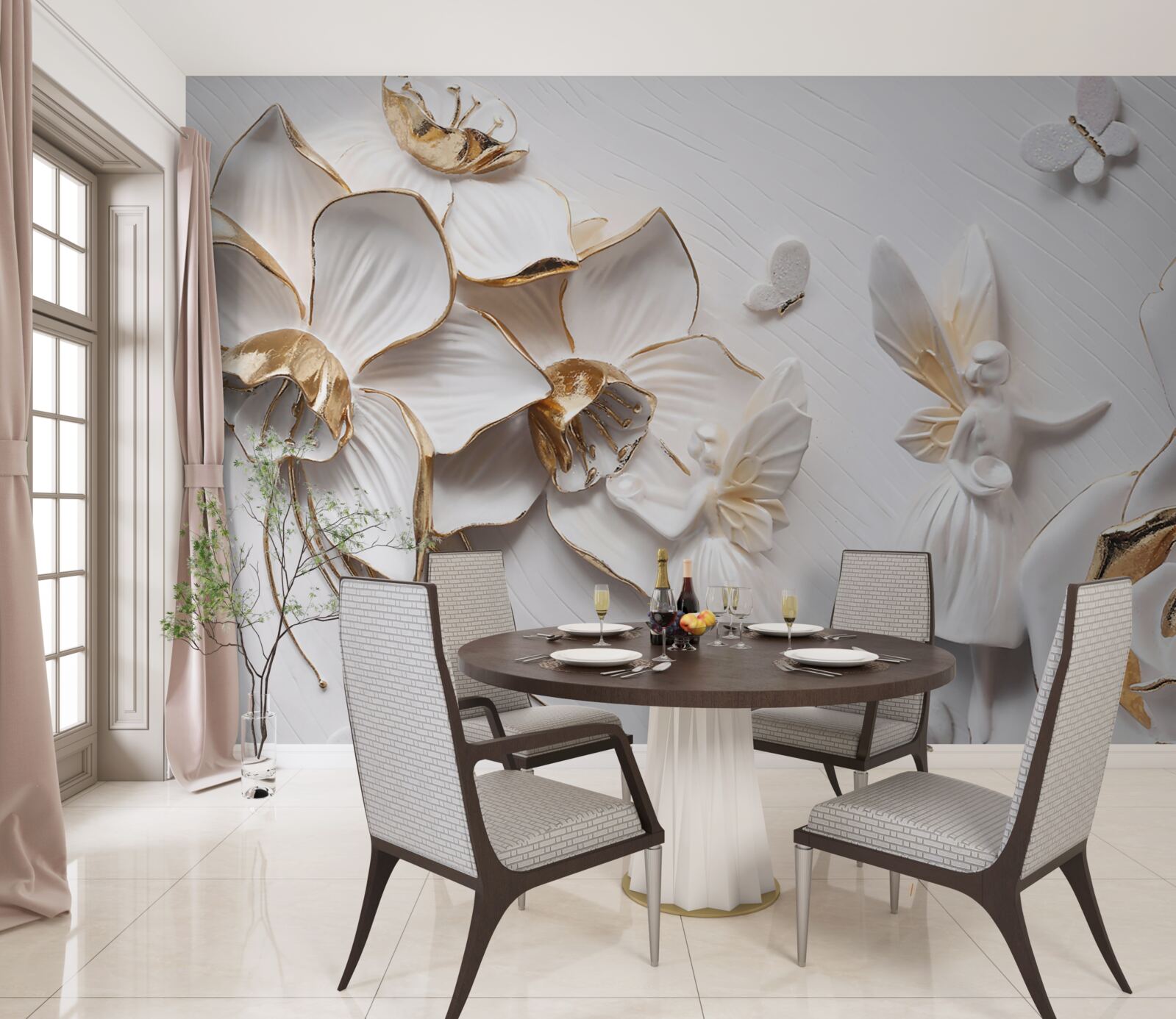 Fotobehang vlinders en goud op een achtergrond van witte bloemen