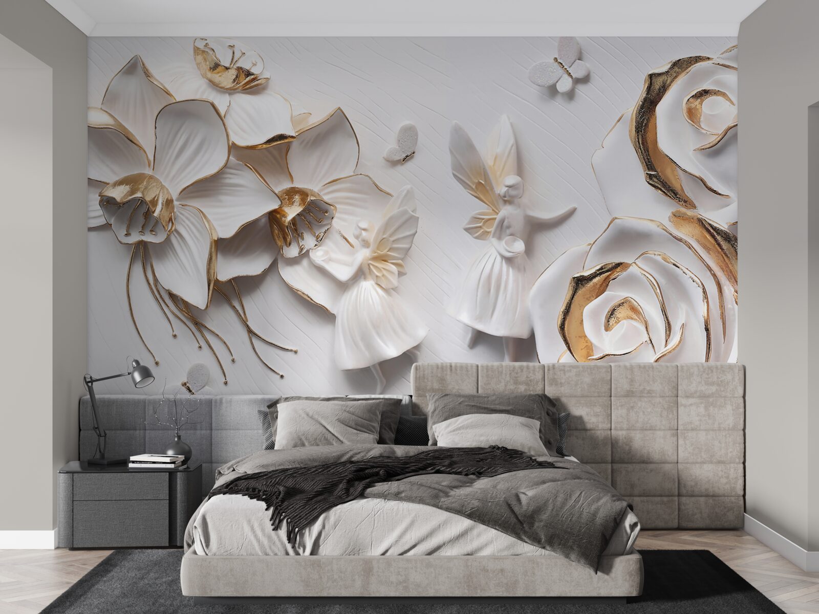 Fotobehang vlinders en goud op een achtergrond van witte bloemen