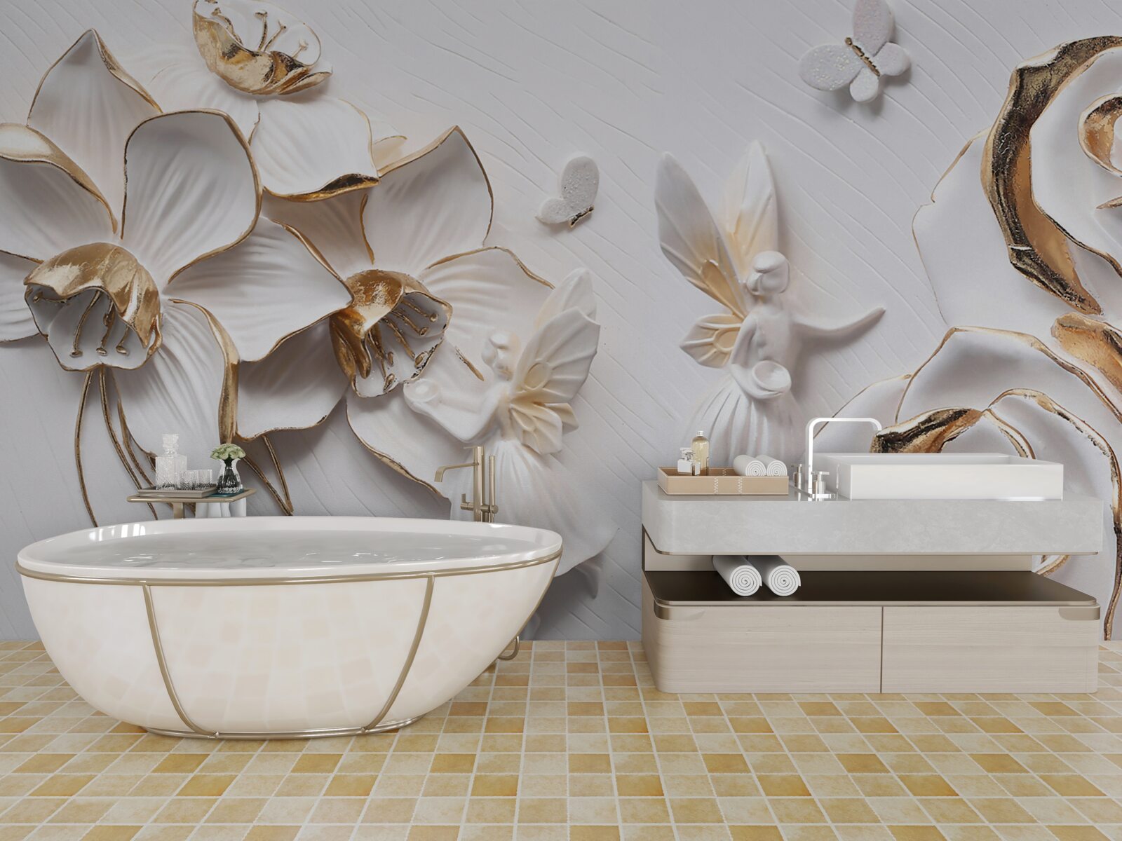 Fotobehang vlinders en goud op een achtergrond van witte bloemen