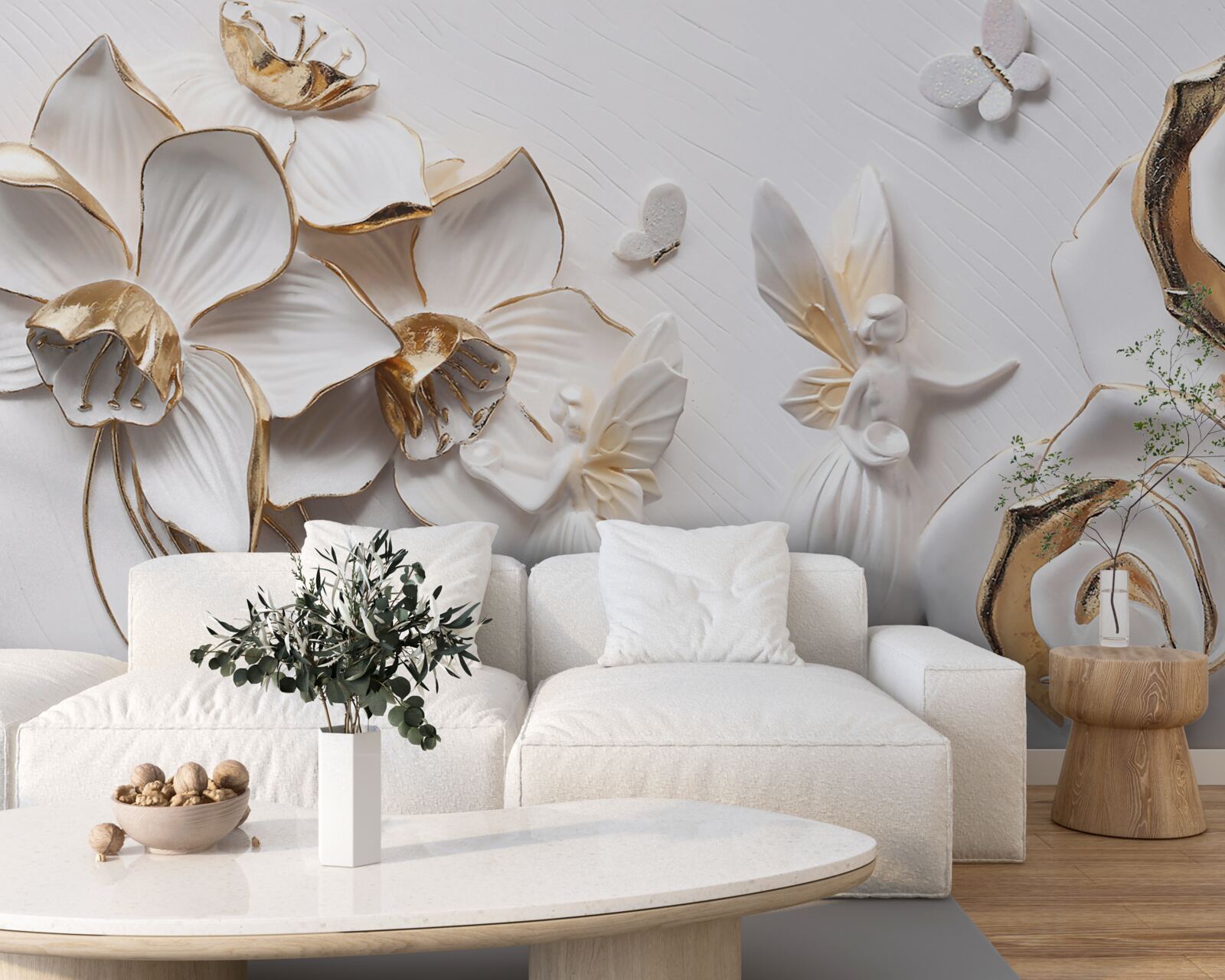 Fotobehang vlinders en goud op een achtergrond van witte bloemen