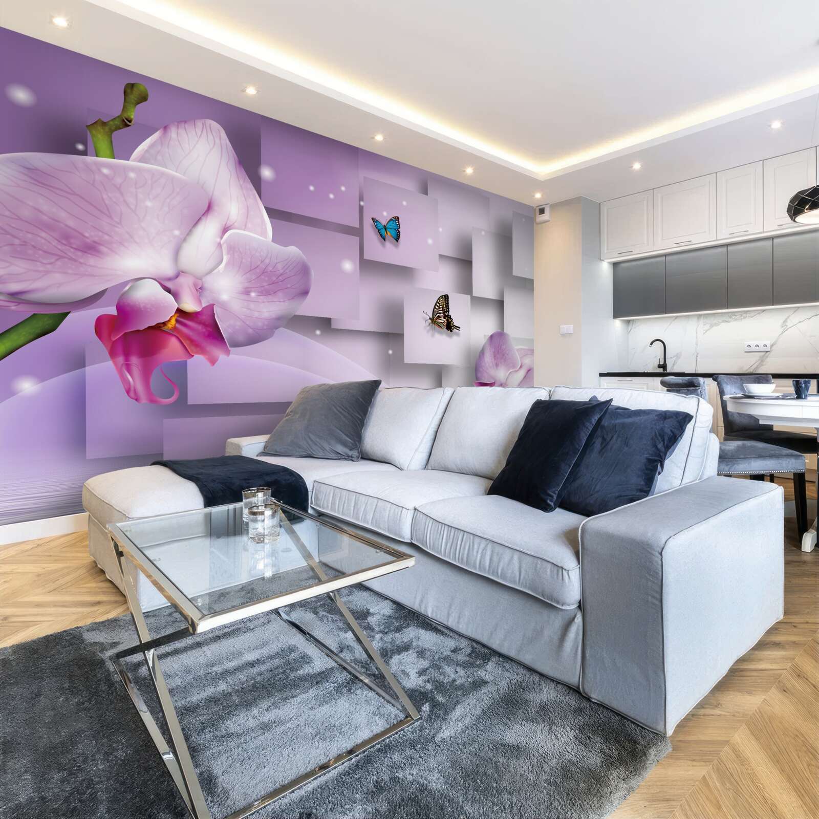 Fotobehang lila orchidee en vlinders tegen een geometrisch patroon