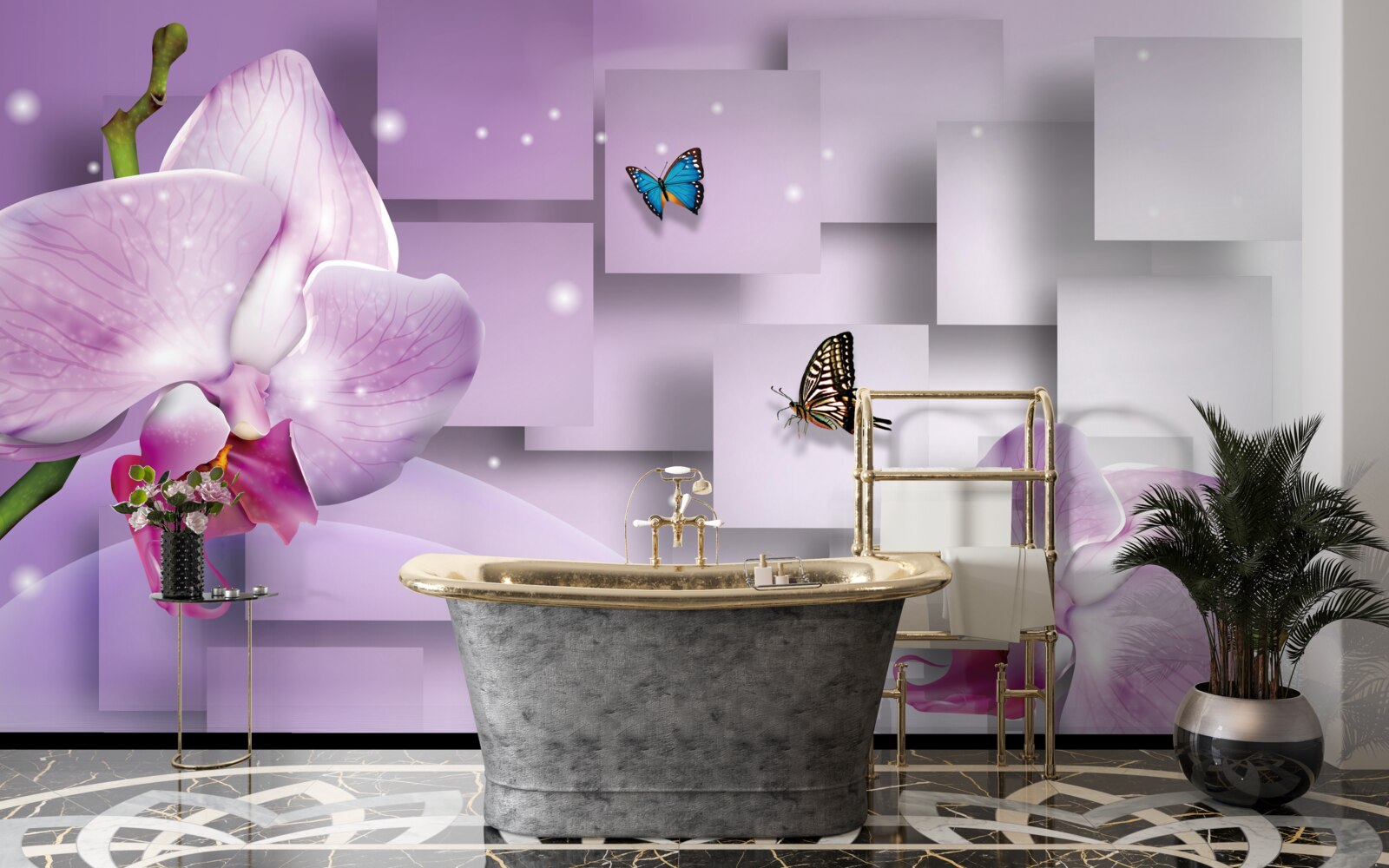 Fotobehang lila orchidee en vlinders tegen een geometrisch patroon