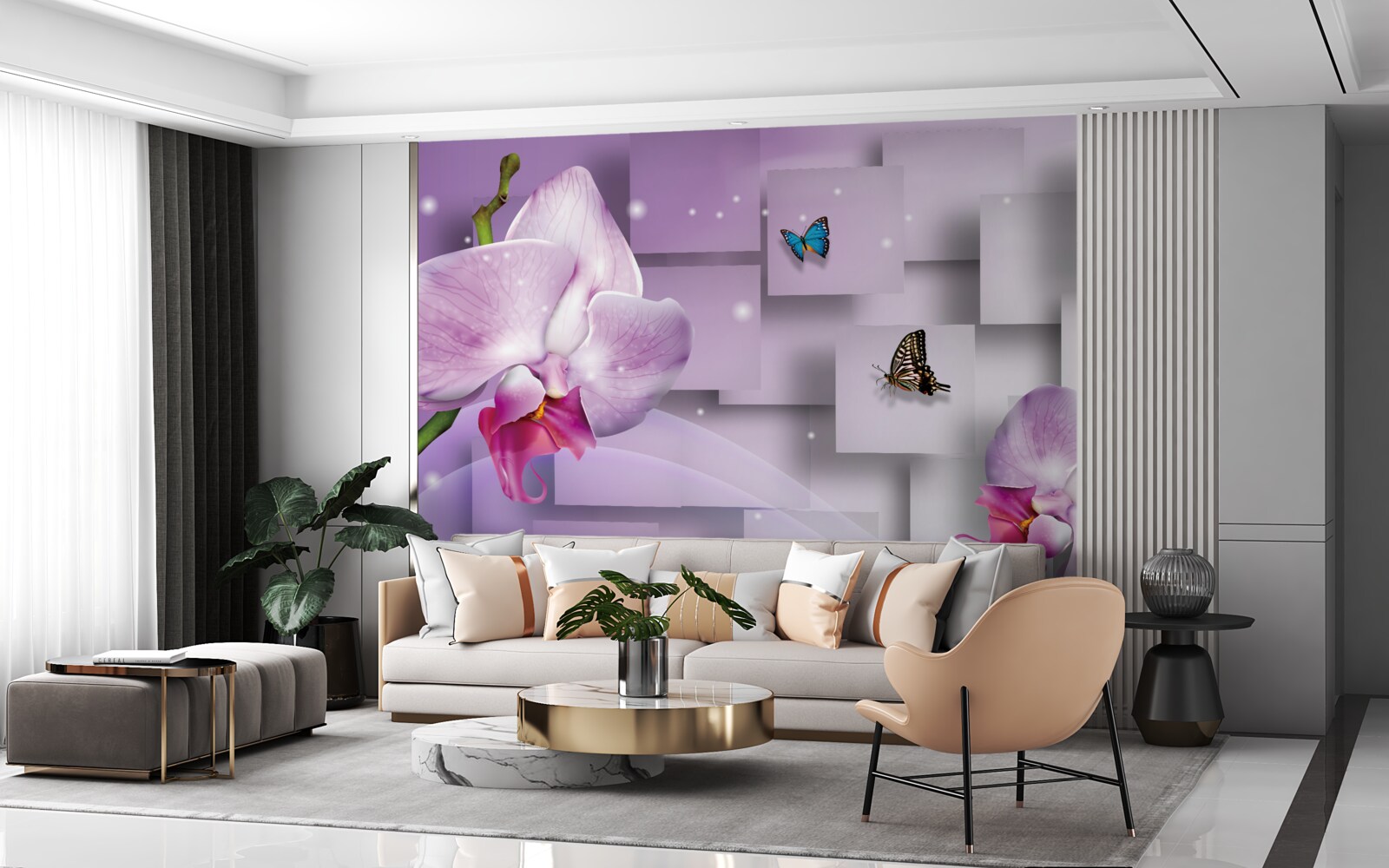 Fotobehang lila orchidee en vlinders tegen een geometrisch patroon