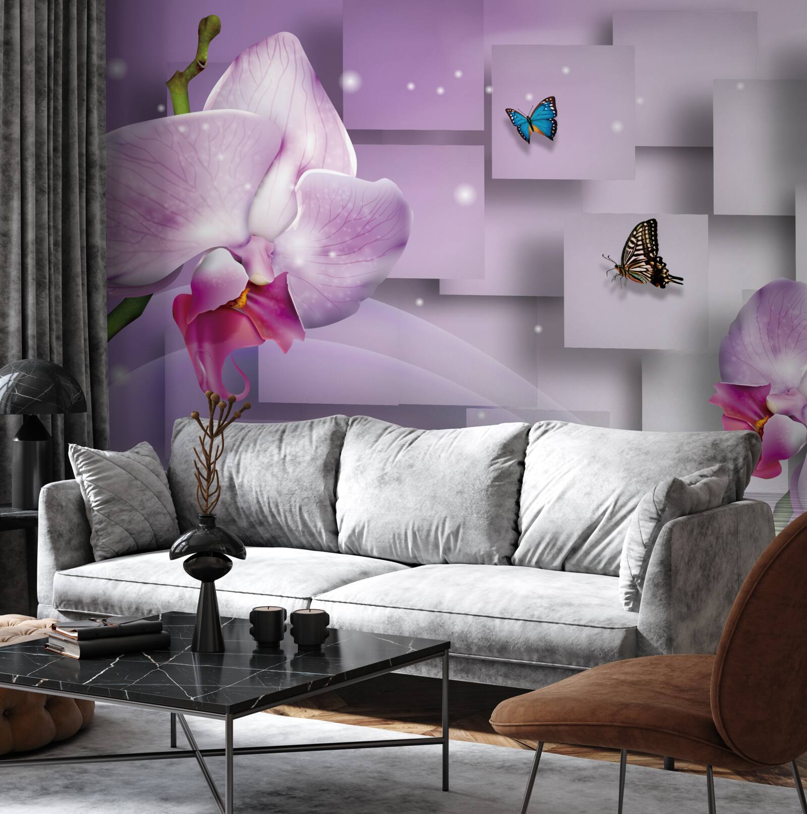 Fotobehang lila orchidee en vlinders tegen een geometrisch patroon