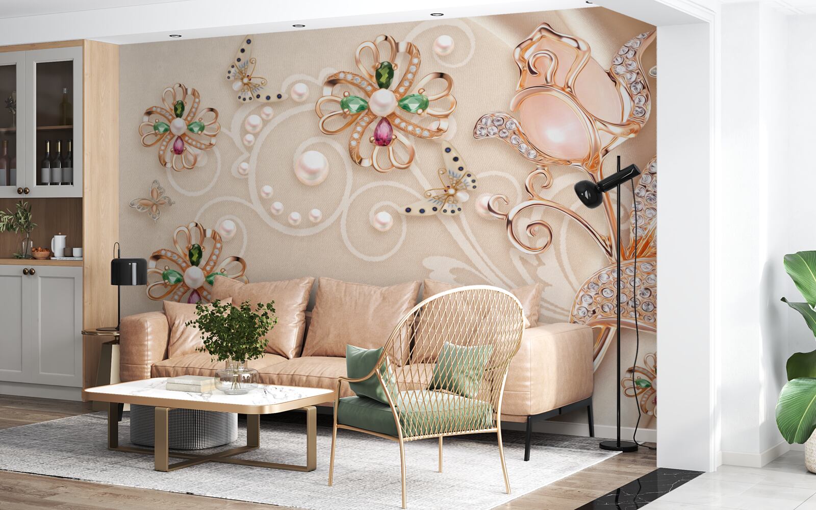 Fotobehang edelstenen in de vorm van bloemen en bladeren