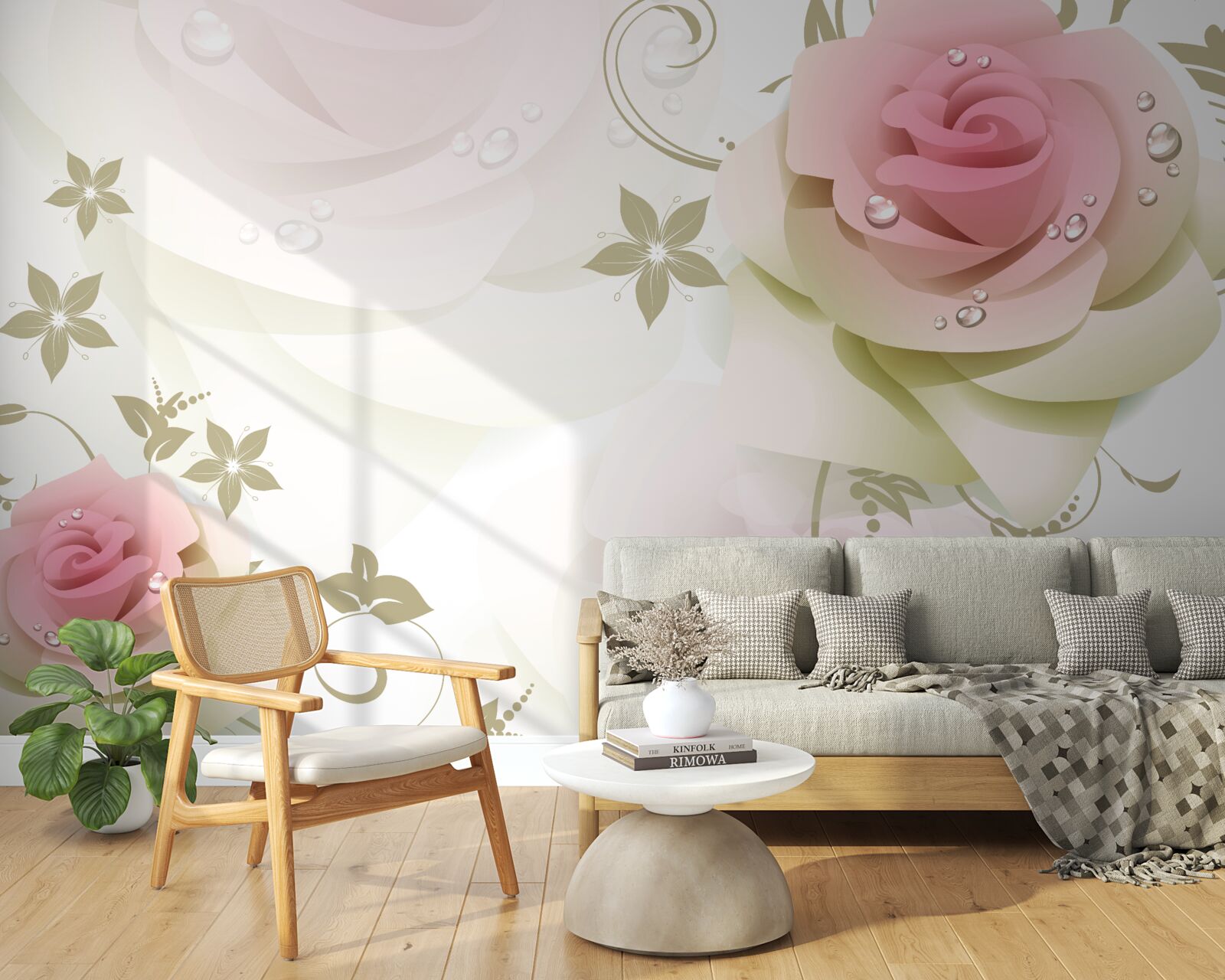 Fotobehang dunne roze knoppen met parelmoeren druppels