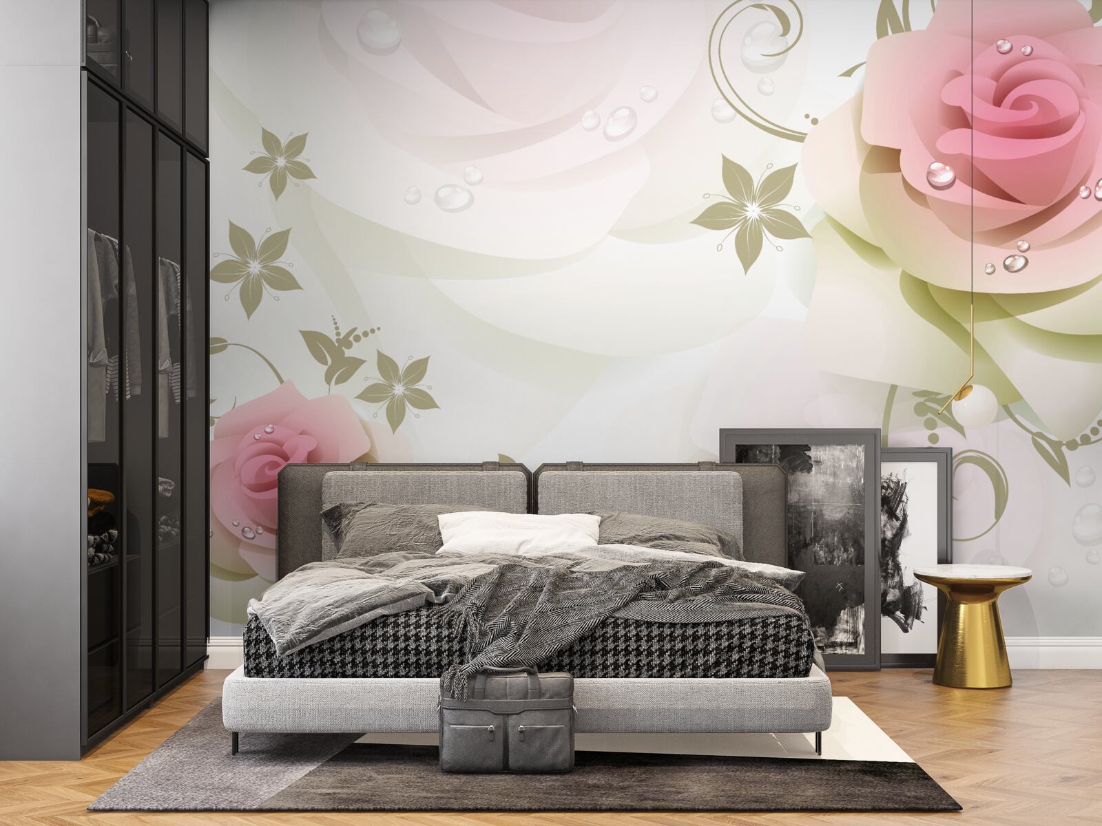 Fotobehang dunne roze knoppen met parelmoeren druppels