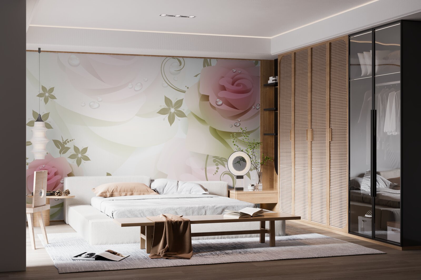 Fotobehang dunne roze knoppen met parelmoeren druppels