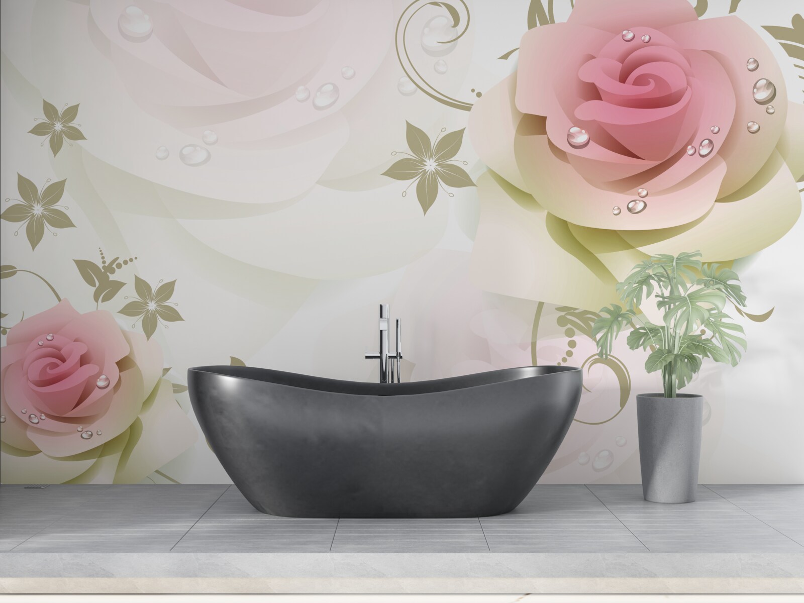 Fotobehang dunne roze knoppen met parelmoeren druppels