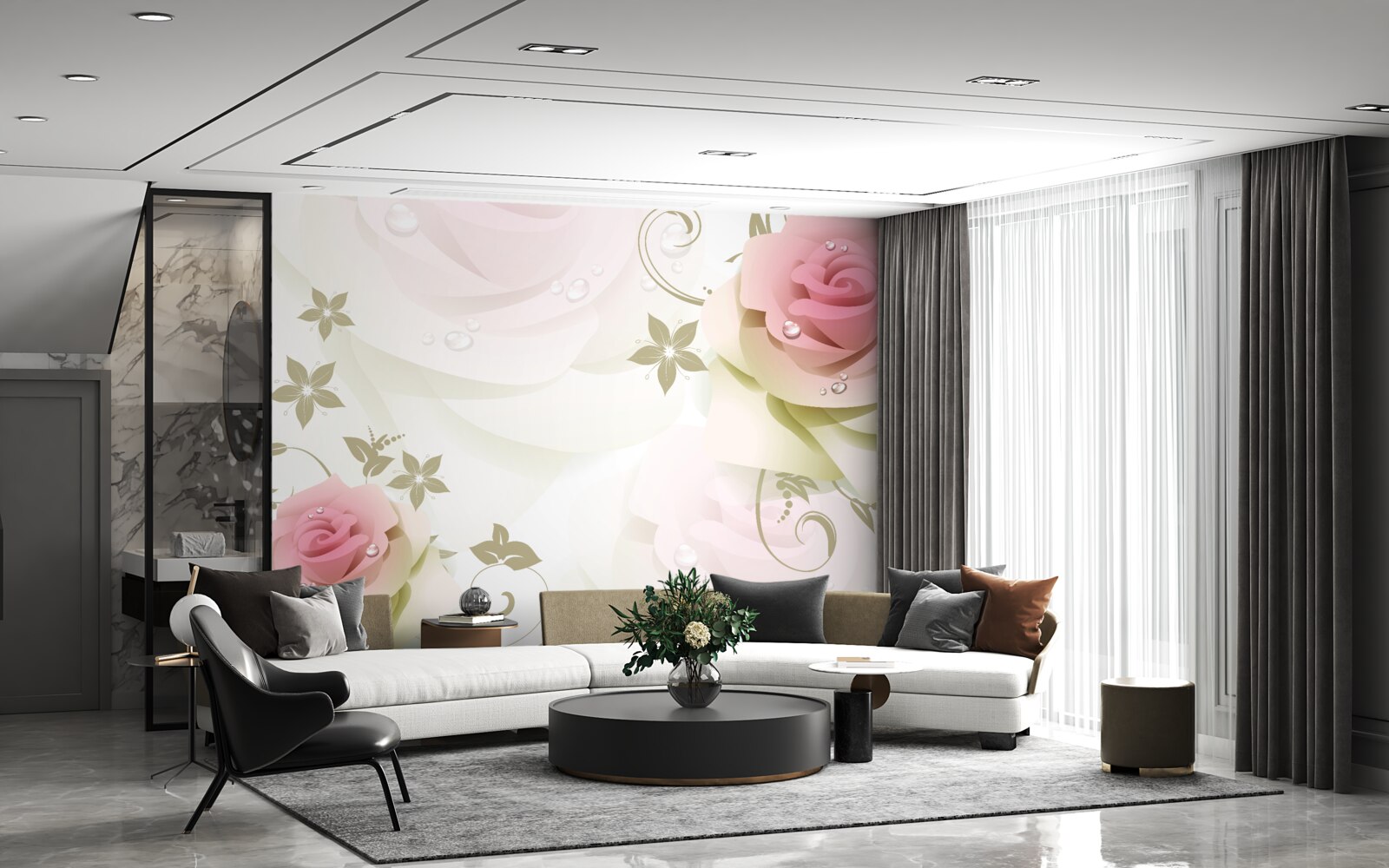 Fotobehang dunne roze knoppen met parelmoeren druppels