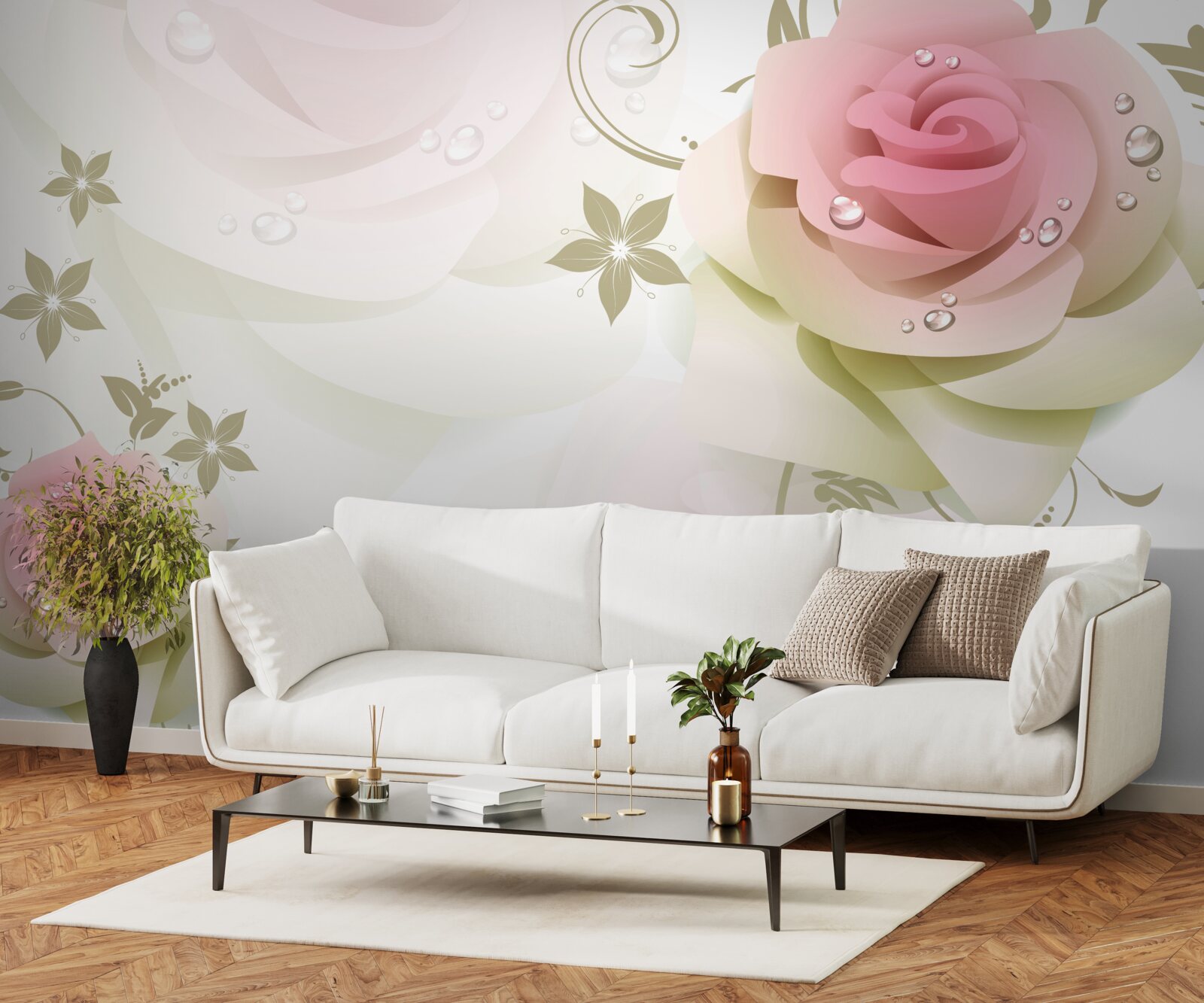 Fotobehang dunne roze knoppen met parelmoeren druppels