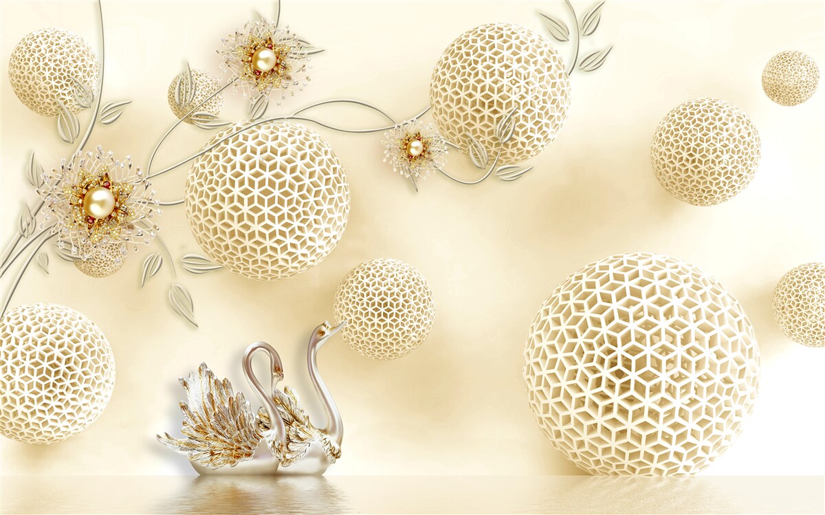 Fotobehang Zwanen glijden in de lucht en bloemen worden dunner als brons