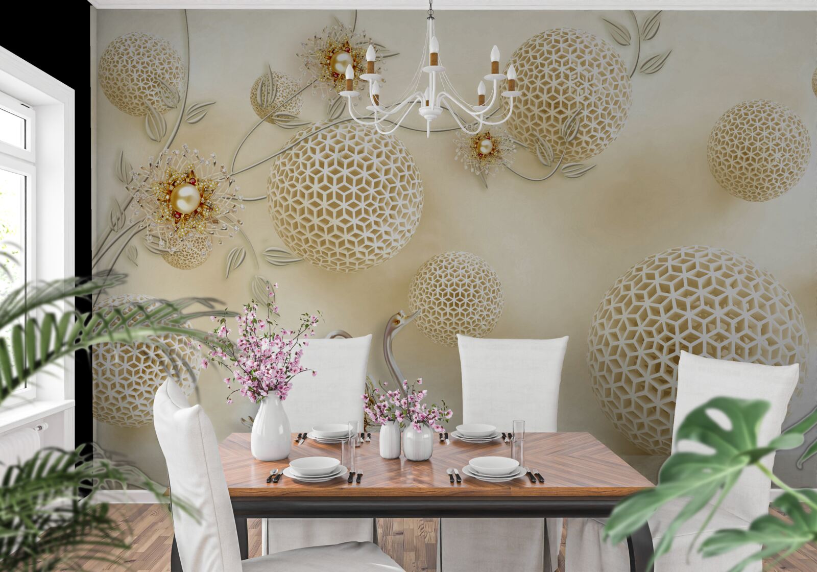 Fotobehang Zwanen glijden in de lucht en bloemen worden dunner als brons