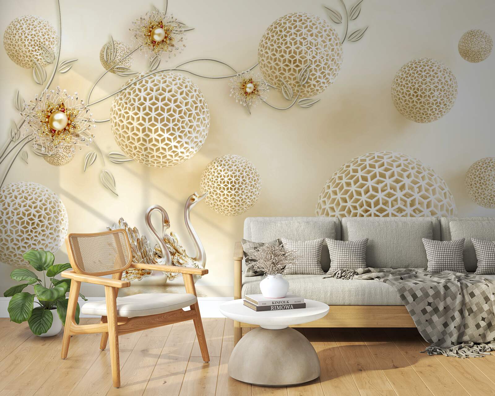 Fotobehang Zwanen glijden in de lucht en bloemen worden dunner als brons